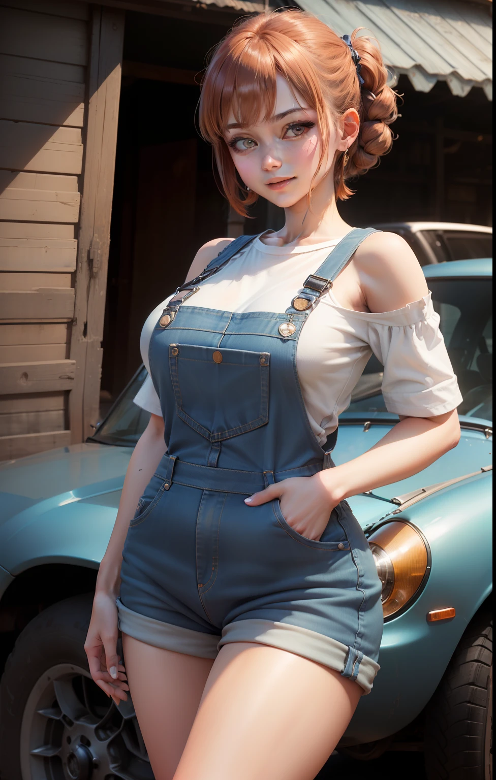Engineer woman in overalls((top-quality、8K、​masterpiece:1.4))、full body Esbian、focus clear:1.2、Excellent style:1.4、masuter piece、(Realisticity: 1.4)、(Photorealsitic:1.5)、
realisitic、realisticlying、Raw foto、hyperdetailed face（Orange shorthair、Cute Japan gal face、Teasing smile、hyper detailed background（blue-sky、Car under repair、）、Ultra-detailed costumes（Denim overalls（shortpants）、Short T-shirt、、off shoulders）、Detailed body（large full breasts、Carnal thighs、large hips）、Detailed skin、Dynamic Poses、A tall、Covered in oil、Have the tools
