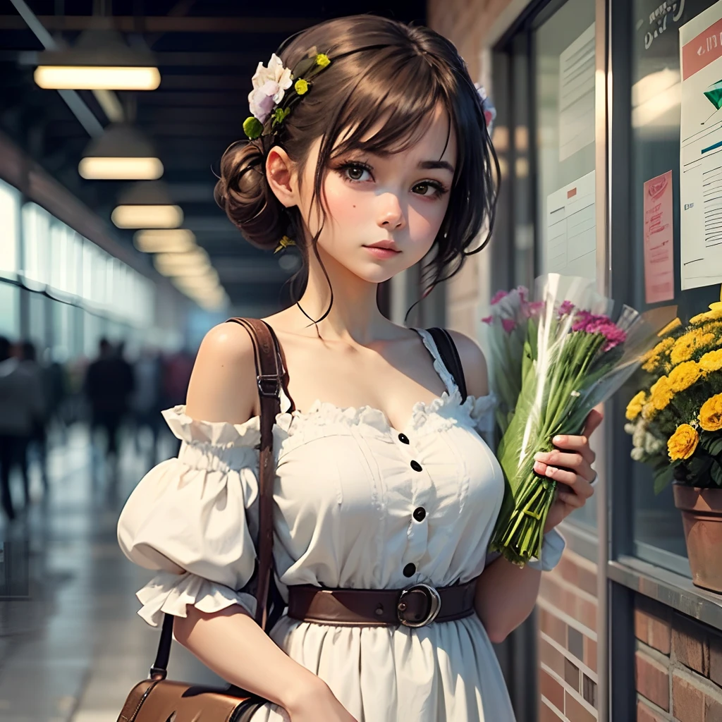 beautiful anime girl with bucket of flowers in hand, --auto --s2