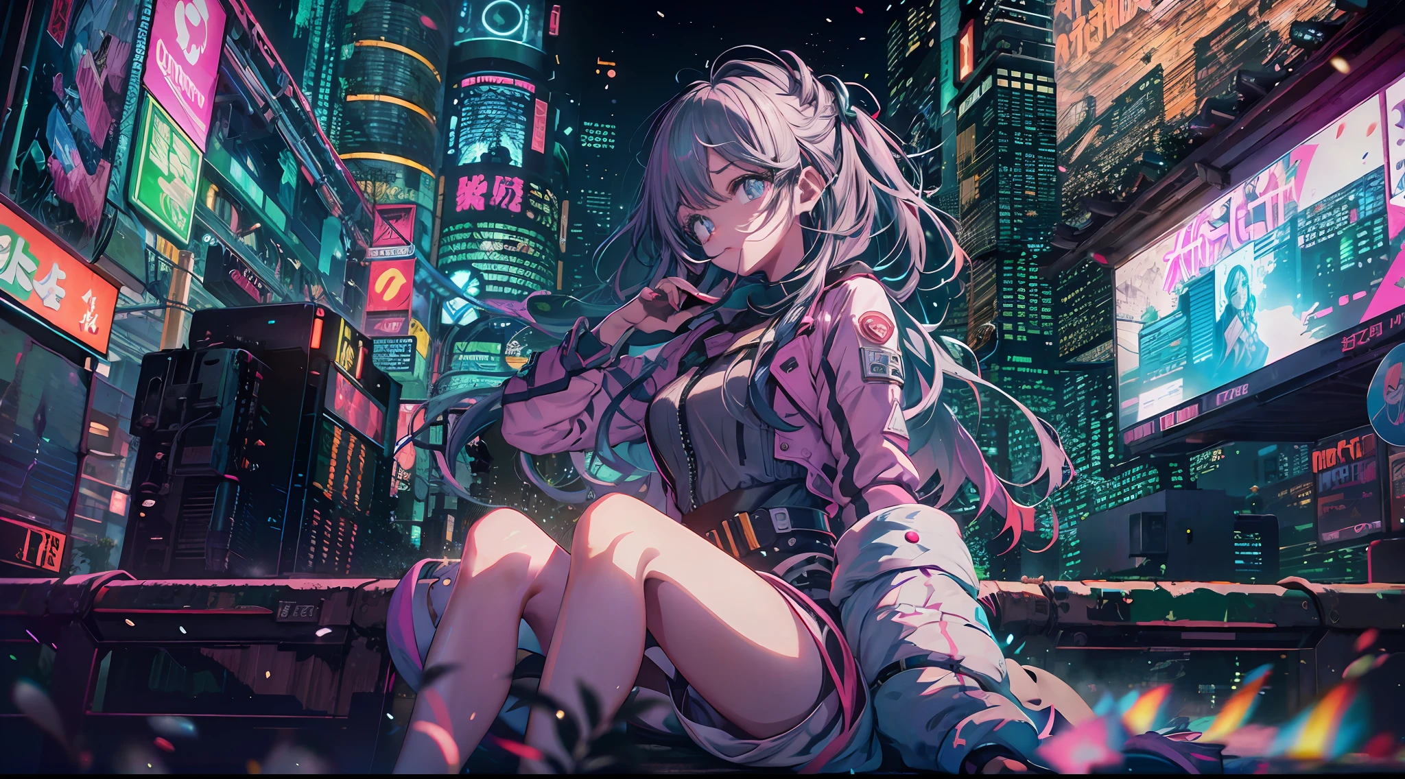 Noite, Fundo colorido da cidade cyberpunk, menina de rua, Hoshino ai, olhos brilhantes, Meias pretas, retroiluminado, brilhar, Surveying the audience, Low angle lens, olhando para cima lente, perfect composition, delicadeza perfeita de luz e sombra, 8k