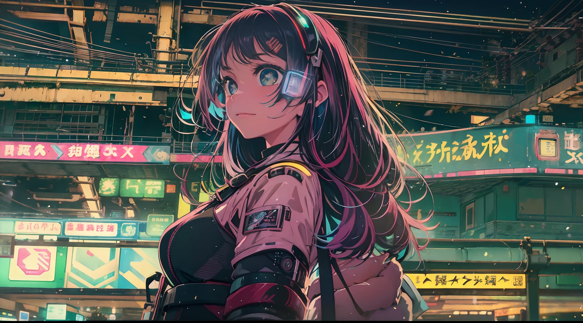 Noite, Fundo colorido da cidade cyberpunk, menina de rua, Hoshino ai, olhos brilhantes, Meias pretas, retroiluminado, brilhar, Surveying the audience, Low angle lens, olhando para cima lente, perfect composition, delicadeza perfeita de luz e sombra, 8k