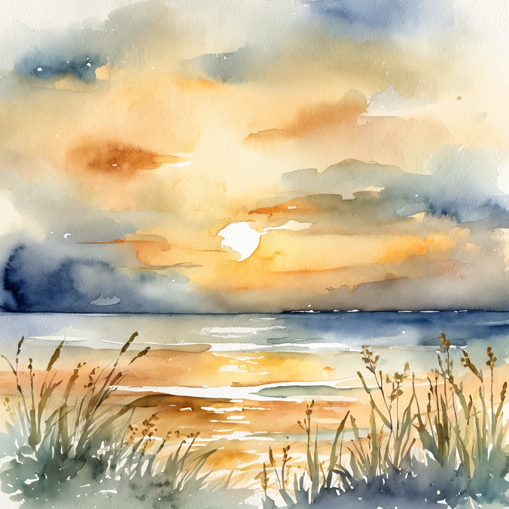 A dreamy watercolor portrayal of the sun setting over the ocean, casting a soft, golden glow that spreads across the horizon.
Descriptive keywords: Dreamy sunset, Golden glow, Ocean horizon, Watercolor tones, Evening beauty.
Camera type: Watercolor palette.
Time of the day: Evening sunset.
Style of artwork: Ethereal and enchanting.
By artist: DreamyWaves -ar 1:1