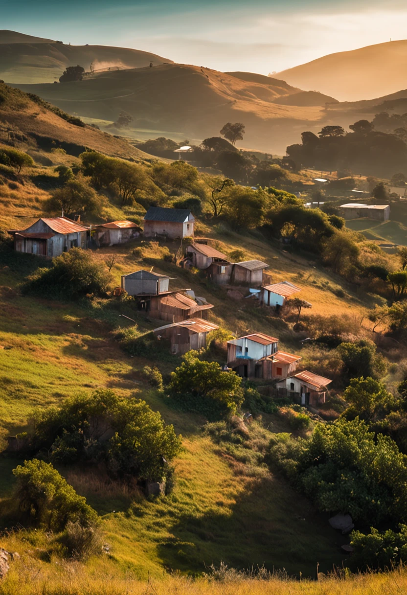 Distant village, calma no meio das montanhas. com pequenas casas e um pequeno riacho transparente.