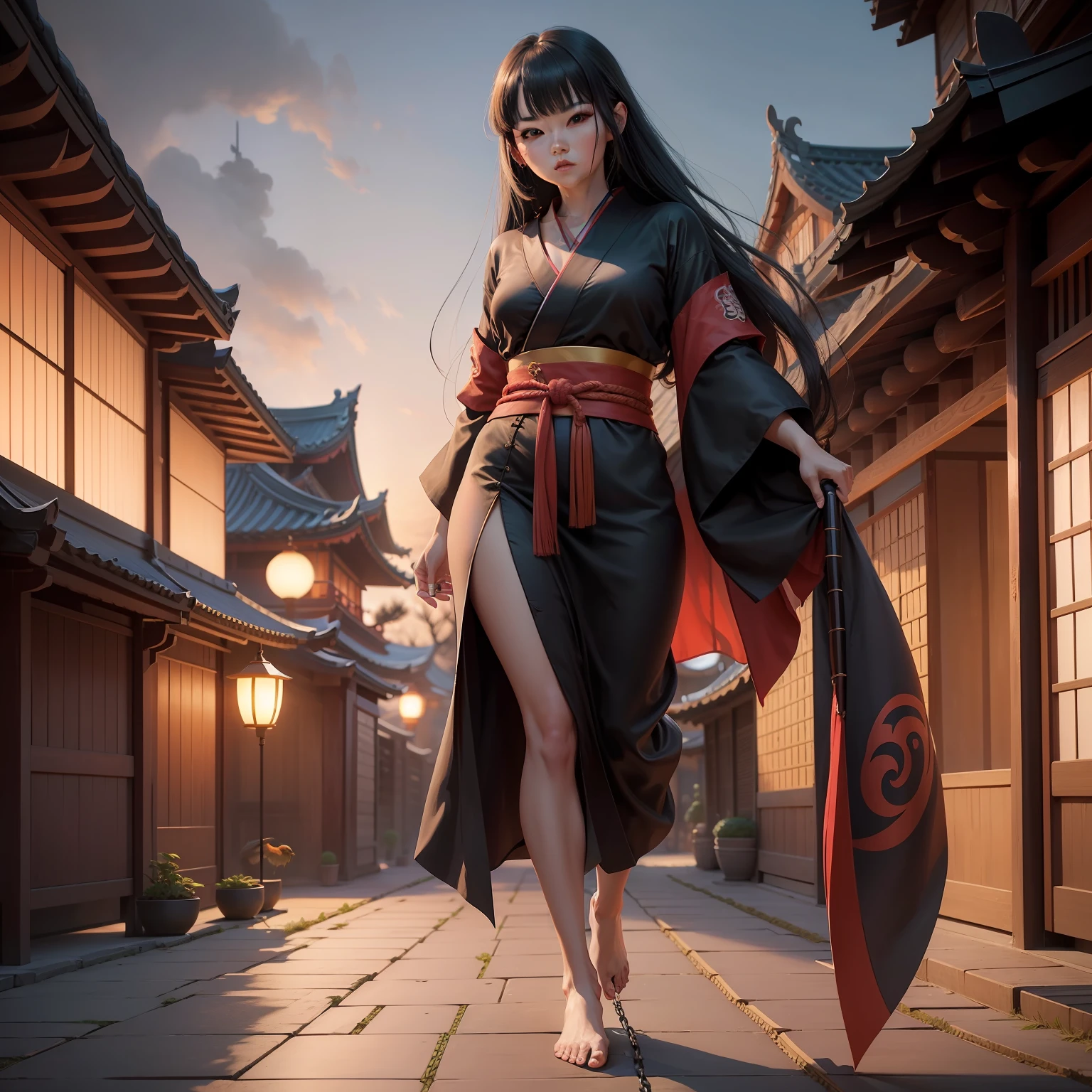 1womanl、high-level image quality、masterpiece、8K、accuracy、Lessons of Nindo(Golden Dong Bird China)、adult lady、glamor、Kunoichi、Female ninja、Longhaire、Bangs in the middle、Forehead、Bare forehead、long hair to the waist、Very black hair、Untrimmed hair、Sharp eyes、Scary look、Ninjutsu costumes、Red kimono on top、Black Band、or slit、Barefoot peeping、A spear with a chain in his right hand、The left hand is a prosthetic hand、The background is Himeji Castle、Time is night、Running on a tiled roof