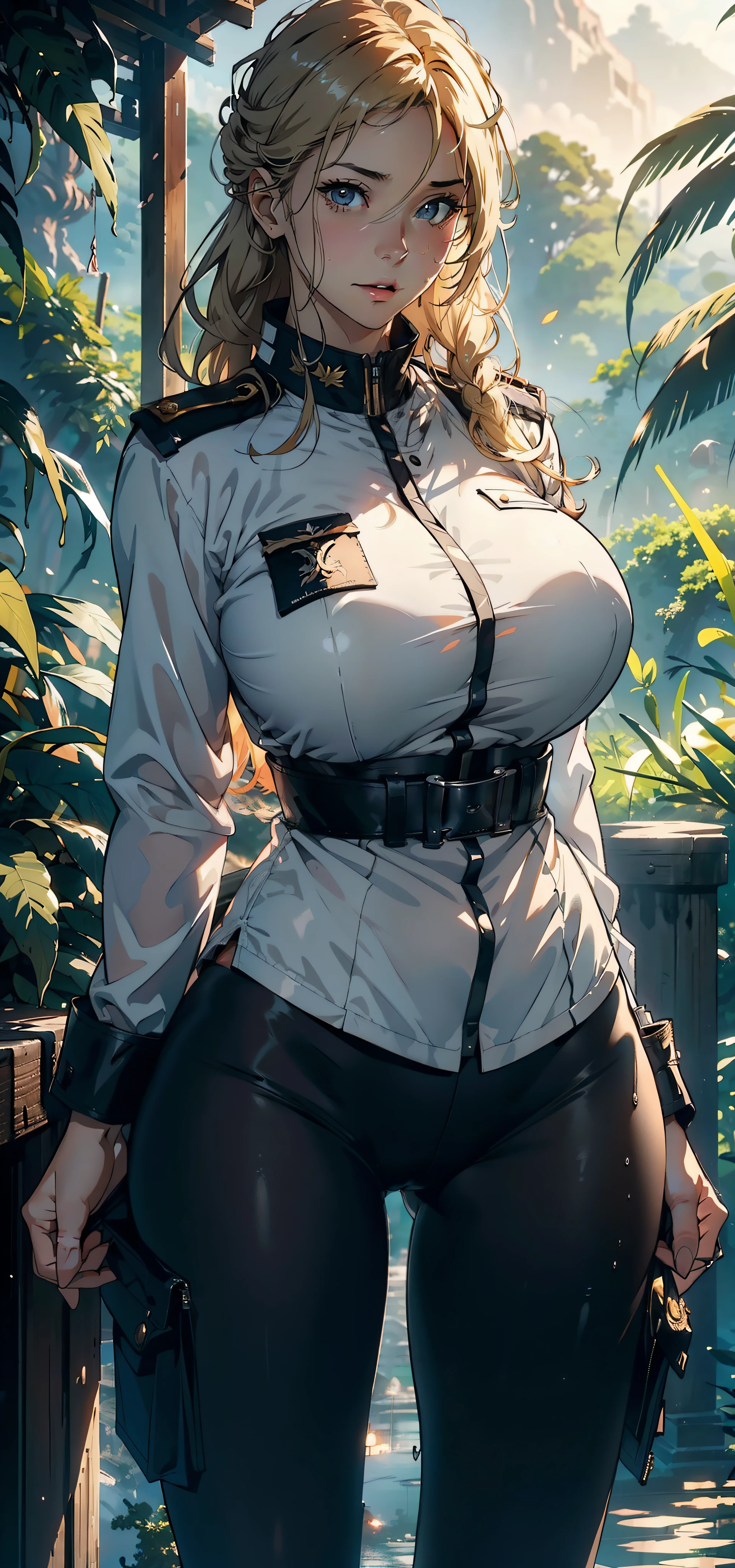 1female,35yo,plumw,extremely large bosom, 独奏,(Background with:the rainforest,the fruits,lotus flower,aerodrome,Planes,tanks,army,) She has short silver-white hair,Standing in the cabin,,seen from the front, hair straight, mostly cloudy sky,(((tmasterpiece),(Very detailed CG unity 8K wallpaper),best qualtiy,cinmatic lighting,detailed back ground,beatiful detailed eyes,Bright pupils,Blue eyes,(Very fine and beautiful),(Beautiful and detailed eye description),ultra - detailed,tmasterpiece,)),facing at camera,A high resolution,ultra - detailed),revealing breasts,Bare genitalia, Bulge,legs are open,Raised sexy,Camel toes,Flushed complexion,Desire for dissatisfaction,frontage,British pilot,Officer's cap(Wearing:Dark green bomber jacket,Black pantyhose)