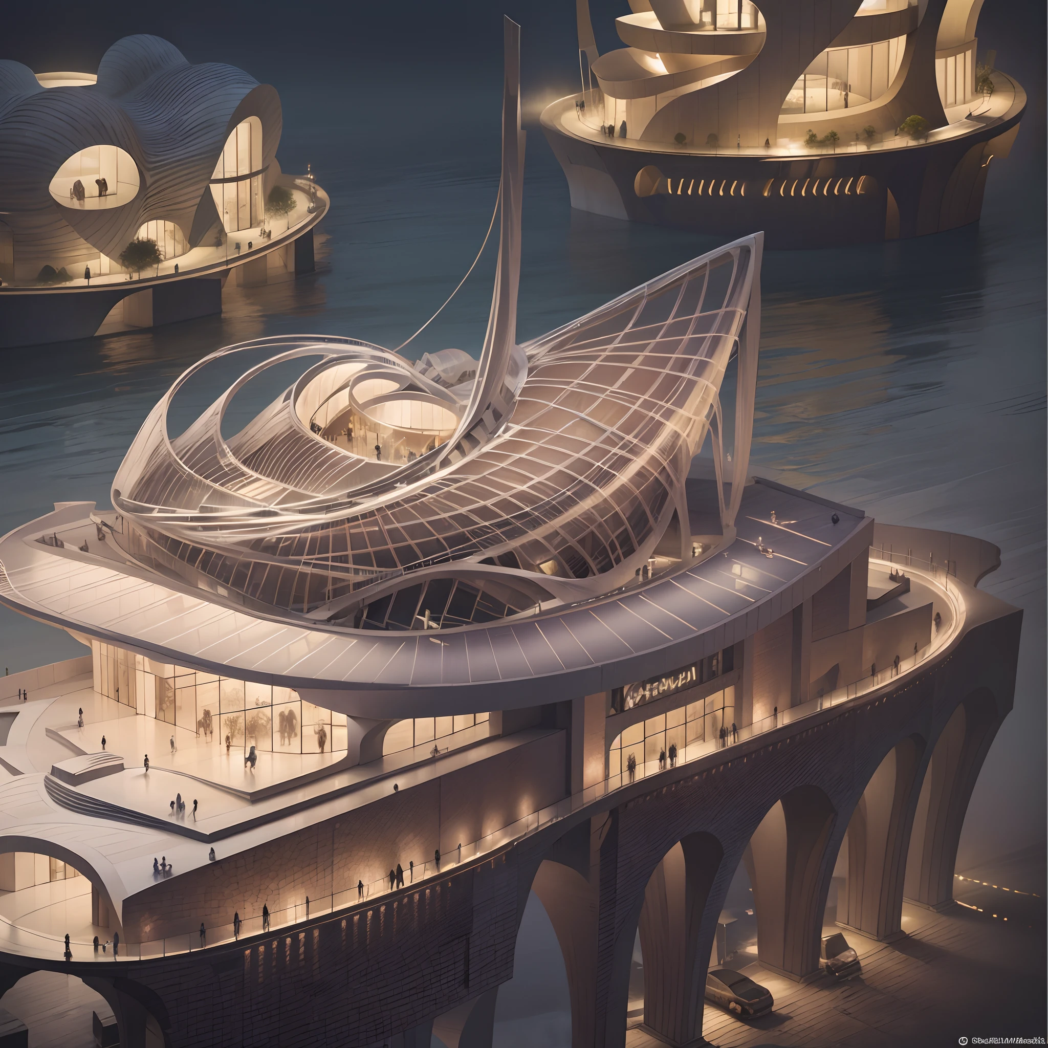 A modern tourist building on the coast in Dubai , Five Star Hotel, Modern sophisticated building, Sea view, Parking and garden around the hotel,   Norman Foster and Zaha Hadid design, highly detail, Realistic, Colors of nature,