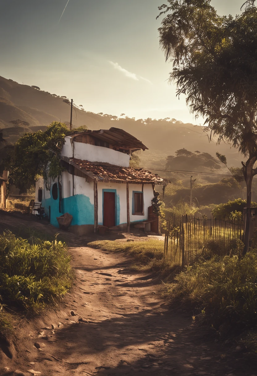 Distant village, calma no meio das montanhas. com pequenas casas e um pequeno riacho transparente.