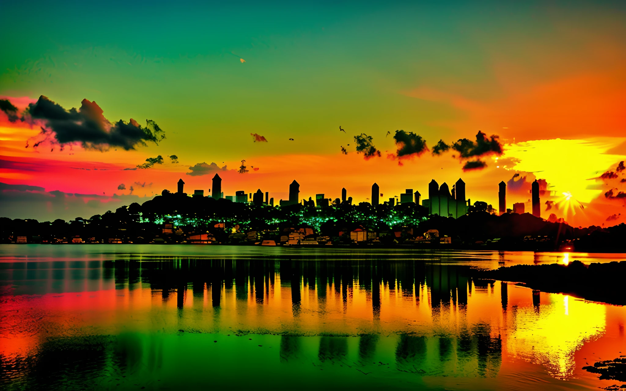 Uma cidade com muito verde e muitos castelo colorido em por do sol brilhante nessa cidade