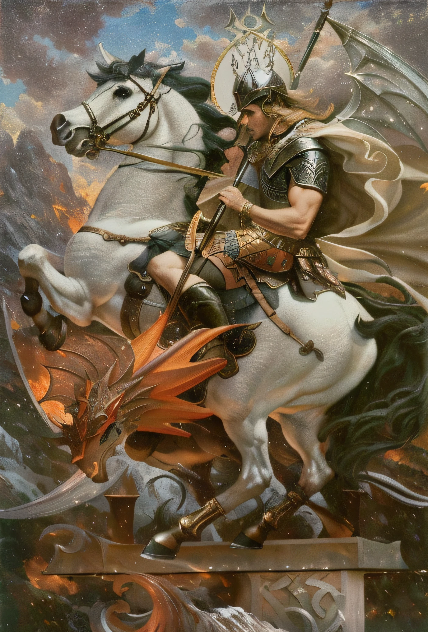 criar imagem hiperdetalhado.hiperealista, 3D, 4k, of a man knight mounted on a white horse with a dragon under the horse's paws, Norse God, god of dragons, nordic mythology, Odin, epic biblical representation, Sleipnir, mitologia eslava, Directed by: Frank Frazetta