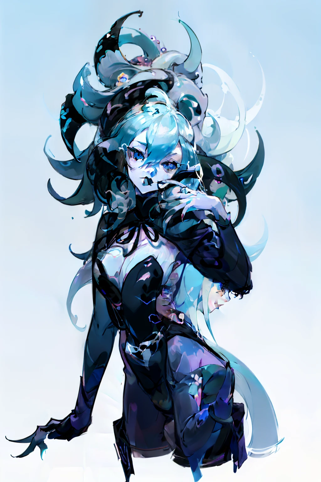,(Masterpiece:1.2, high quality), (pixiv:1.4), Nautolan, Black Eyes, Black Sclera, Colored Skin, Tentacle Hair, JiangshiT, blue eyes, tongue out, black sclera, ofuda, long fingernails, VivyA, 1girl