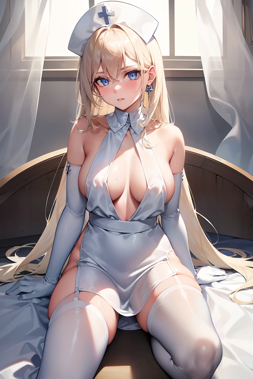 1girl, (solo:1.2), (cowboy shot:1.2), (Beautiful and detailed eyes description), (Beautiful and detailed face), Perfect female body, neat figure, slender waist, (young girl), (20 years old), long hair, platinum blonde hair, very big eyes, blue eyes, medium breasts, blush, shy, watery lips, nurse, (transparent nurse dress), nurse cap, unbuttoned, (white gloves:1.2), (white pantyhose), high heels, necklace, earrings, indoors, school nurse, hospital bed, window, white curtains, sunlight, squatting, (best quality), (ultra detailed), (masterpiece), (highres), (original), (extremely detailed CG unity 8K wallpaper), character design, game cg, detailed manga illustration,(NSFW 1.1)