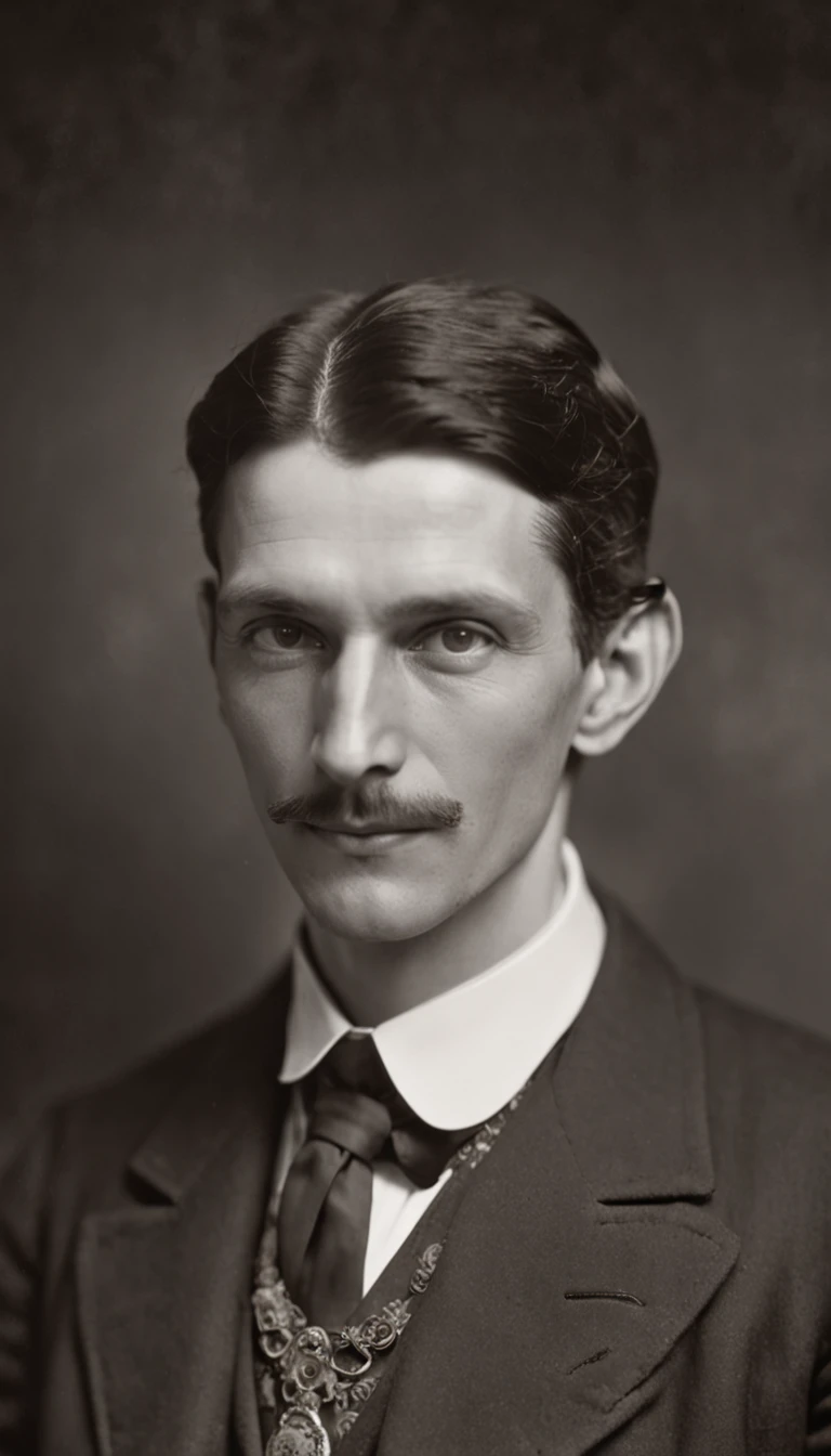 A man, photo portrait (Nikola Tesla), 30 years old, slight smile, dreamy look, surrounded by holograms of mathematical formulas, stars and galaxies in the background, 30s dress, detailed scene, exact anatomy, exact face, dark environment.