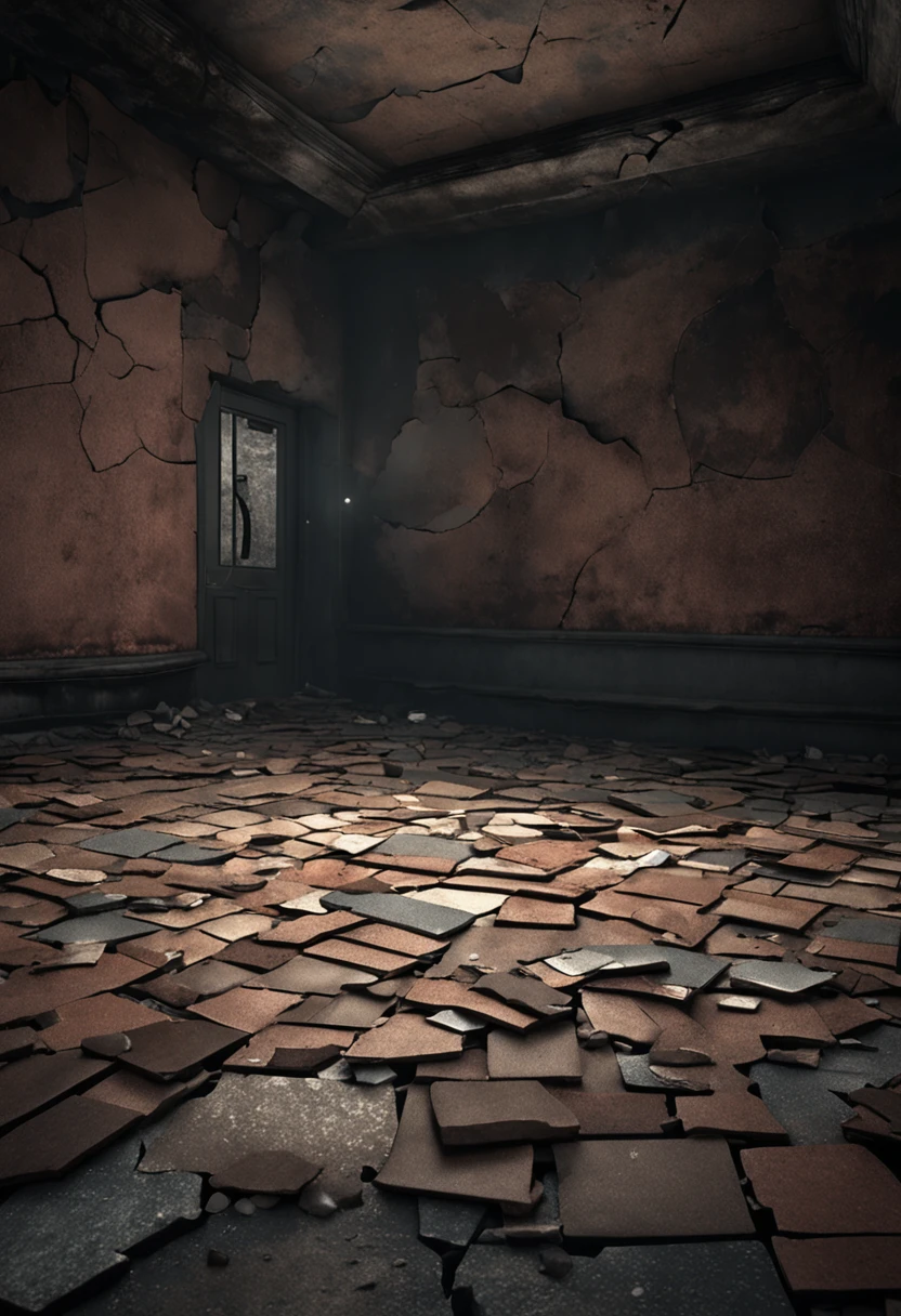 "The image portrays a dark and atmospheric scene with broken big stone tiles. Some tiles have fallen off, leaving small cracks and gaps. front view