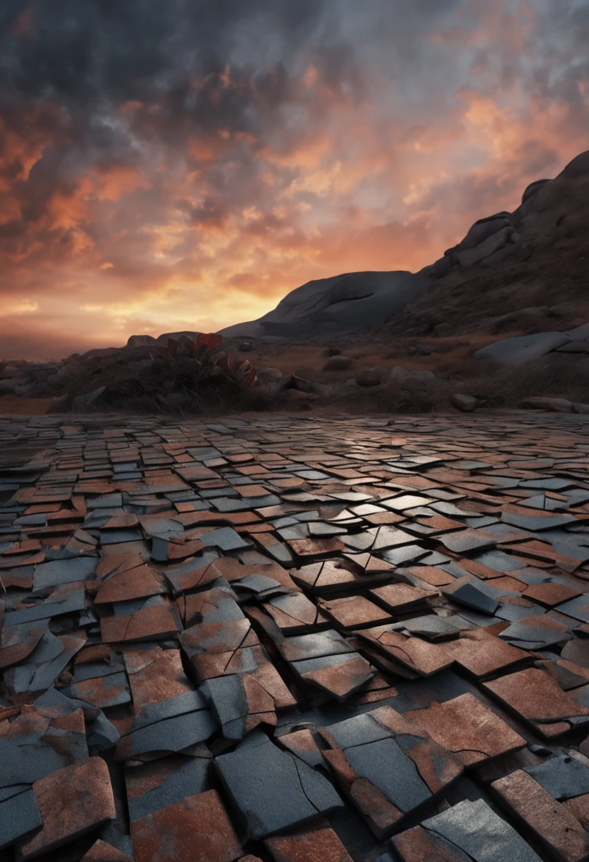 "The image portrays a dark and atmospheric scene with broken big stone tiles. Some tiles have fallen off, leaving small cracks and gaps. front view