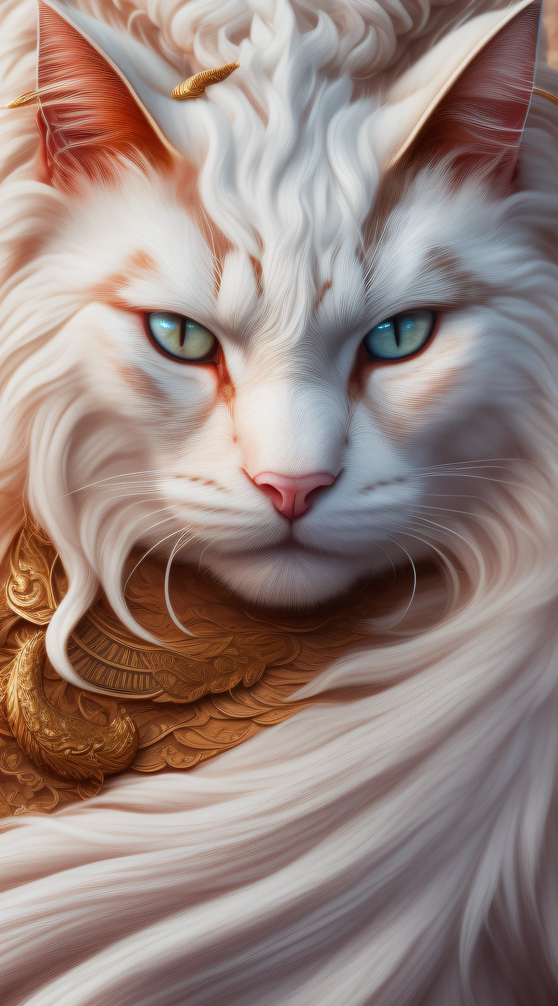 Large, fat, fluffy, white, long-haired Scottish cat, beside red dragon with scaly skin sit in each other's arms and look at each other like lovers, concept art, complex, elegant, highly detailed digital painting, smooth, sharp focus, illustration, stunningly intricate detail, luminous filigree fantasy, digital art masterpiece, centred composition perfect composition, intricate pose, intricate, beautifully detailed insanely detailed octane rendering, 8k, art photography, photorealistic concept art, soft natural volumetric cinematic perfect light, award winning photography, masterpiece, oil on canvas, intricate, elegant, highly detailed digital artwork