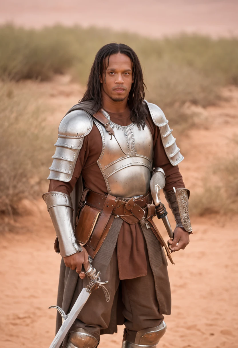Ronaldinho (knight holding a sword, on a desert place), looking at viewer, ((wearing a leather pants, cuirass, gorget, pauldron, couter, vambrace, gauntlets, cuisses, greaves, sabatons, poleyn, tasses, plackard, rerebrace, breastplace, faulds, scabbard, gardbrace, shoulder_armor))
