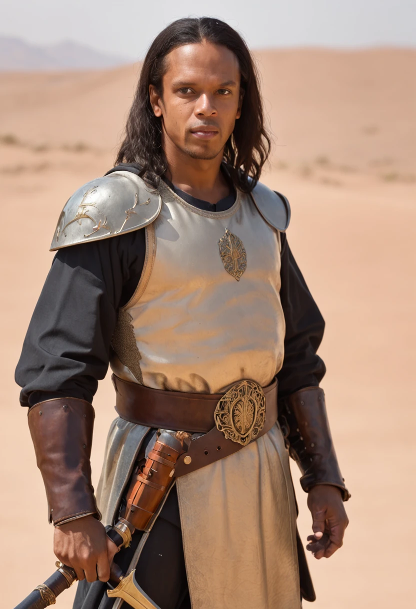 Ronaldinho (knight holding a sword, on a desert place), looking at viewer, ((wearing a leather pants, cuirass, gorget, pauldron, couter, vambrace, gauntlets, cuisses, greaves, sabatons, poleyn, tasses, plackard, rerebrace, breastplace, faulds, scabbard, gardbrace, shoulder_armor))