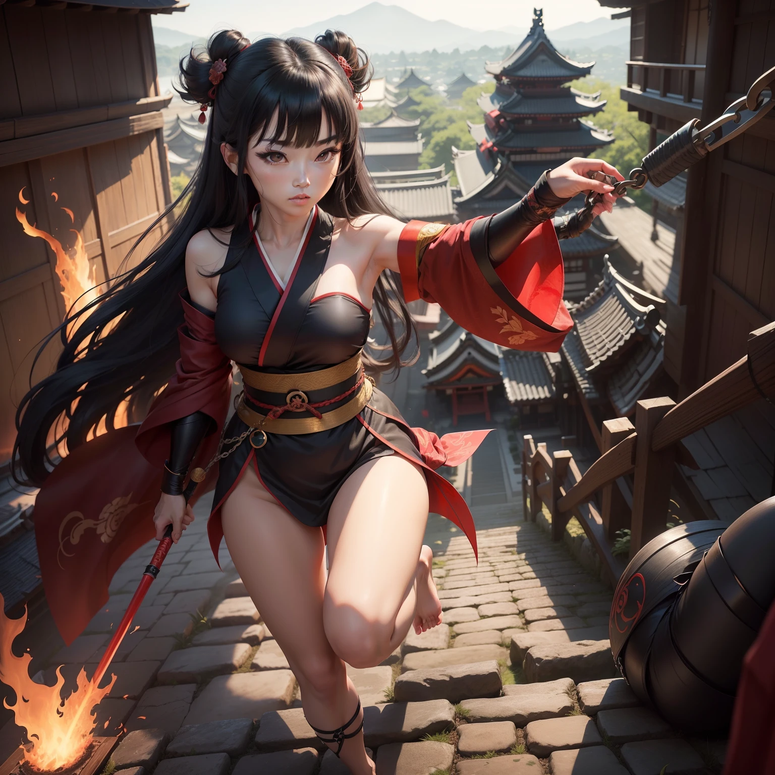 1womanl、high-level image quality、​masterpiece、8K、accuracy、Lessons of Nindo（Golden Dong Bird China）、adult lady、glamor、Kunoichi、Female ninja、Longhaire、Middle bangs、Forehead、bare forehead、long hair to the waist、Very black hair、Untrimmed hair、Sharp eyes、Scary look、Murderous、Red kunoichi costume、Red kimono on top、moderate breast、Breasts that are about to fall to zero、nursing、Black Band、or slit、Barefoot peeping、A spear with a chain in his right hand、Left hand is a prosthetic hand、The background is the castle of Japan、Time is night、Running on a tiled roof