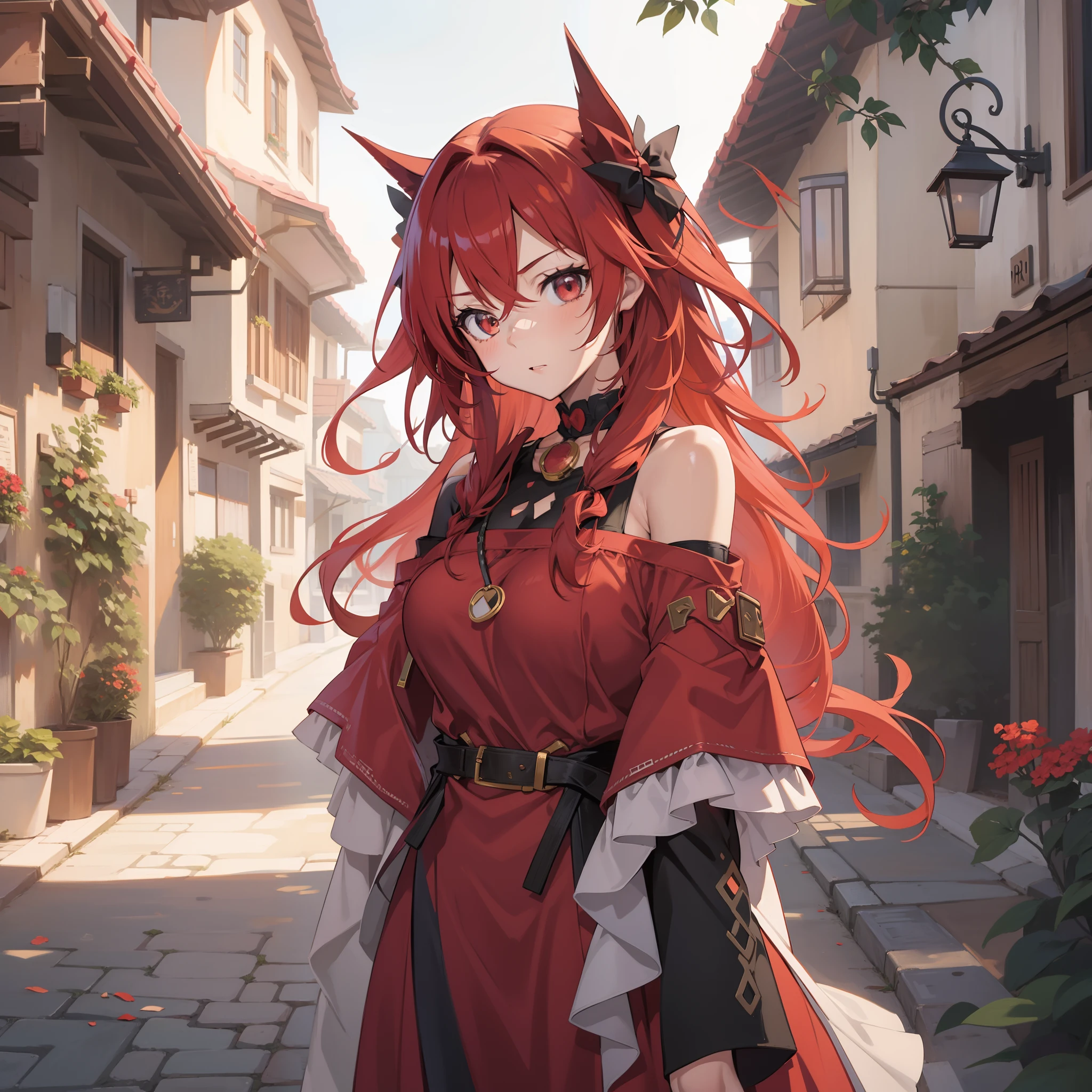 Anime girl, red hair, sexy, cute, large breasts, skinny, village, ribbons in hair