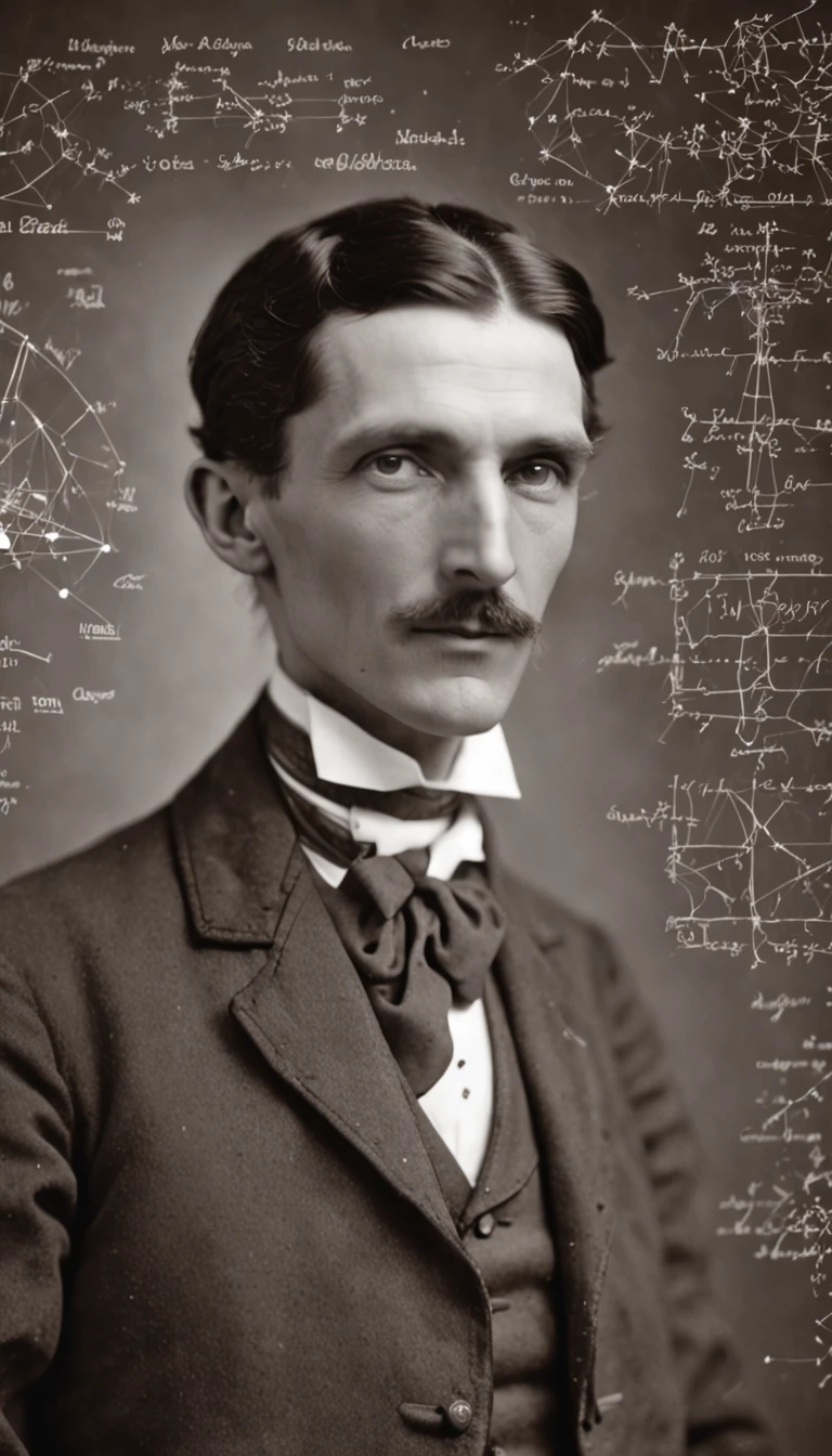 A man, photo portrait (Nikola Tesla), 30 years old, slight smile, dreamy look, surrounded by holograms of mathematical formulas, stars and galaxies in the background, 30s dress, detailed scene, exact anatomy, exact face, dark environment.