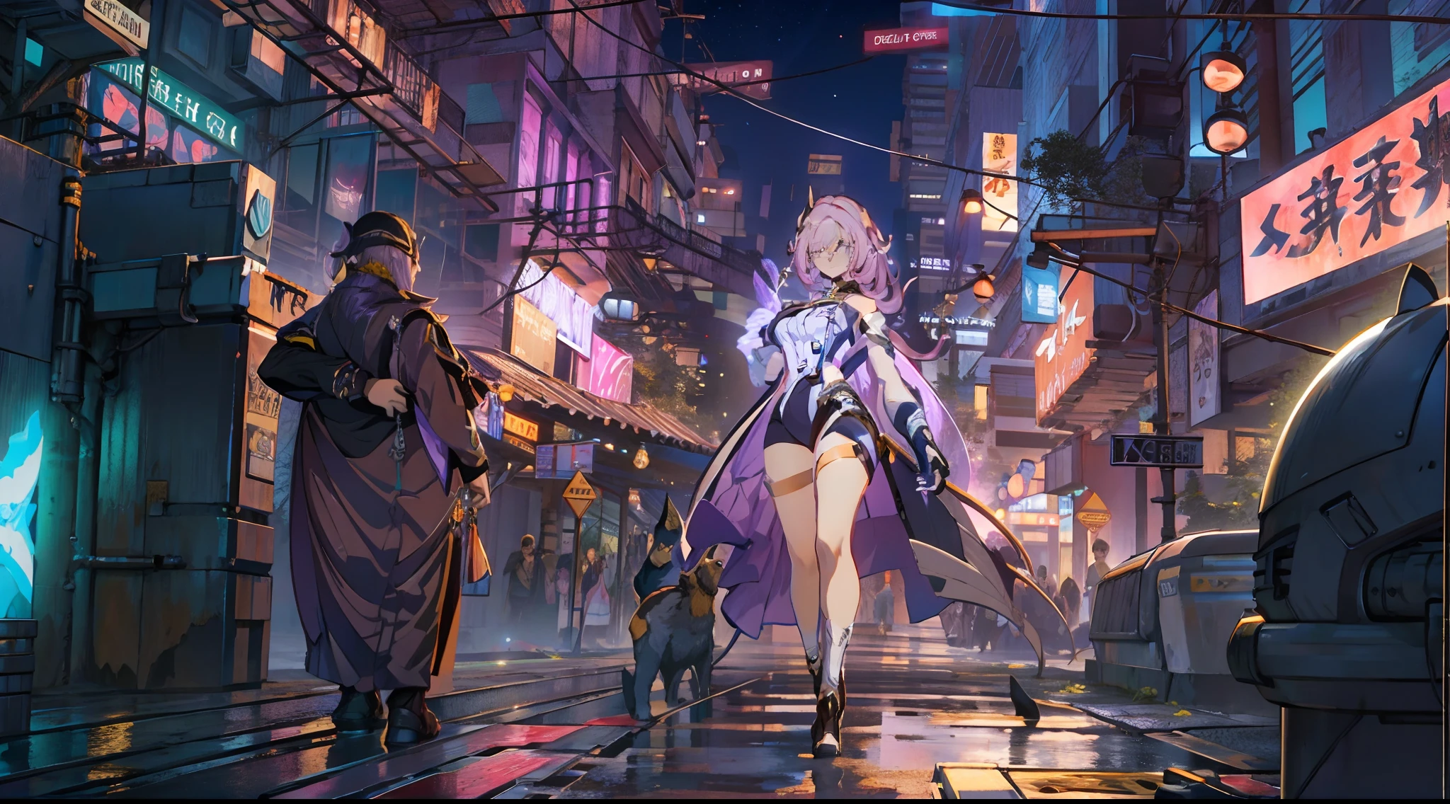 Noite, Fundo colorido da cidade cyberpunk, ****** de rua, elysia,honkai impact, olhos azuis, olhos brilhantes, Meias pretas, retroiluminado, brilhar, Surveying the audience, Low angle lens, olhando para cima lente, perfect composition, delicadeza perfeita de luz e sombra, 8k