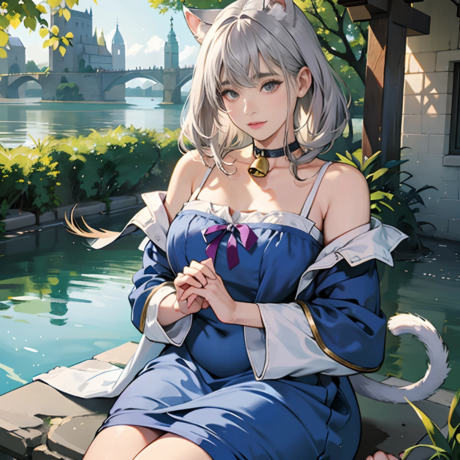 Women in Their 20s, offcial art, unity 8k wall paper, ultra-detailliert, beautifly、Aesthetic, ​masterpiece, top-quality, Photorealsitic、Cat-eared clan、Cat's ears、very thick tail:1.5、very thick and long tail、dark brown eyes、Silver-white hair、shorth hair、Short-cut hairstyles、Collar with bell:2.0、Blue Short Dress、depth of fields, Fantastic atmosphere, Calm palette, tranquil mood, Soft shading、cobblestone road、Stone signpost、Rivers and bridges、Beautiful Landscapes、bbw、very large breast、plump figure