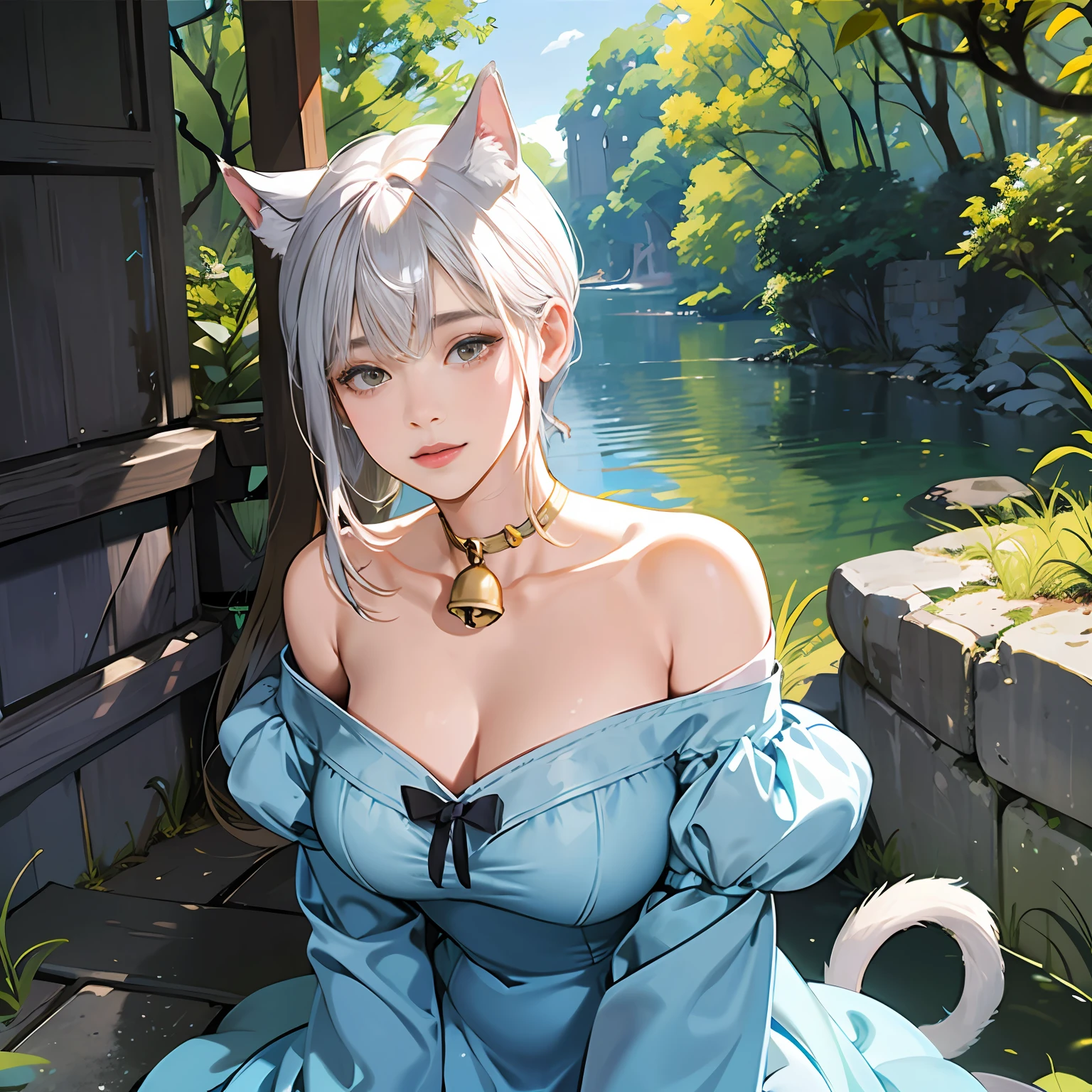 Women in Their 20s, offcial art, unity 8k wall paper, ultra-detailliert, beautifly、Aesthetic, ​masterpiece, top-quality, Photorealsitic、Cat-eared clan、Cat's ears、very thick tail:1.5、very thick and long tail、dark brown eyes、Silver-white hair、shorth hair、Short-cut hairstyles、Collar with bell:2.0、Blue Short Dress、depth of fields, Fantastic atmosphere, Calm palette, tranquil mood, Soft shading、cobblestone road、Stone signpost、Rivers and bridges、Beautiful Landscapes、bbw、very large breast、plump figure