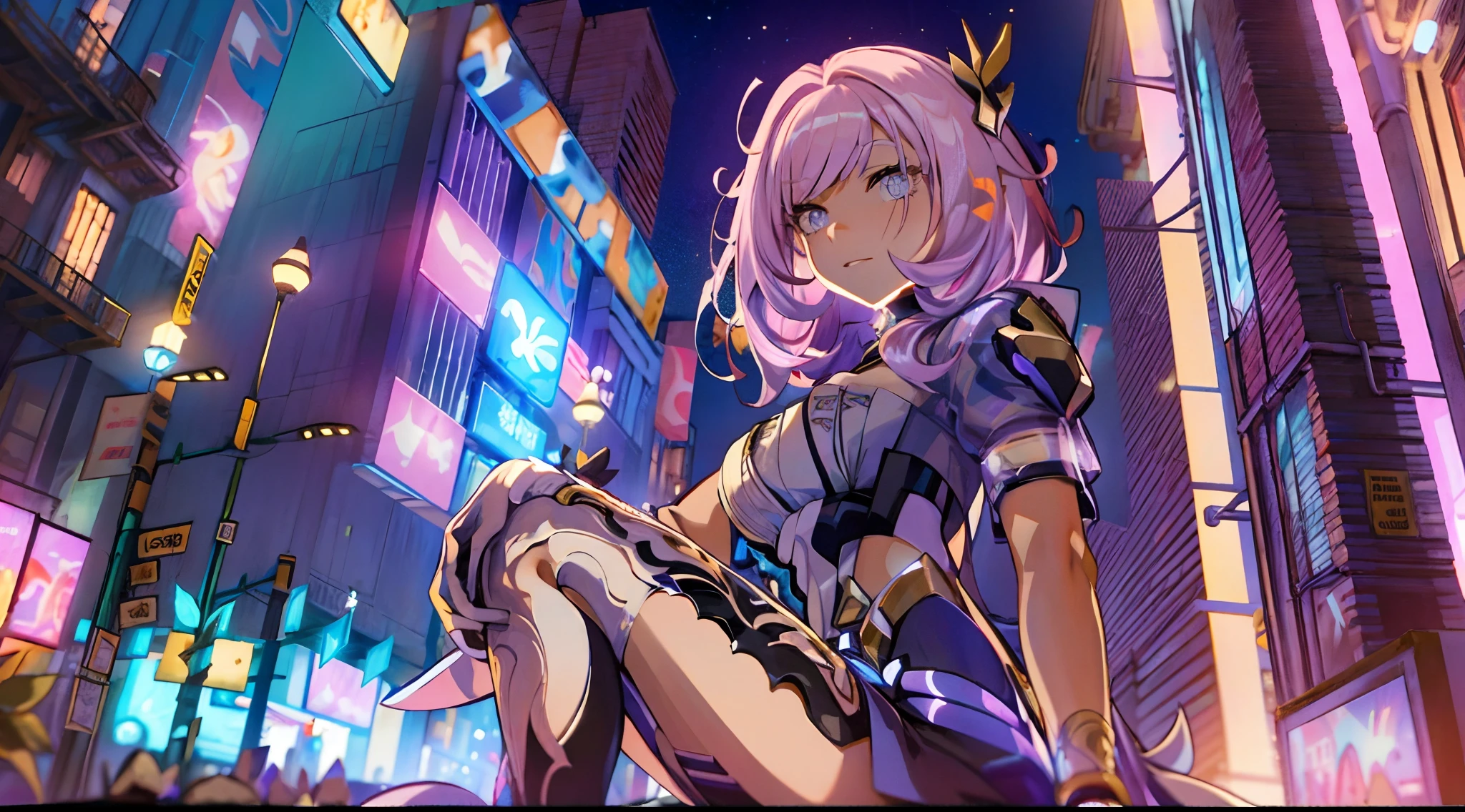 Noite, Fundo colorido da cidade cyberpunk, ****** de rua, elysia,honkai impact, olhos azuis, olhos brilhantes, Meias pretas, retroiluminado, brilhar, Surveying the audience, Low angle lens, olhando para cima lente, perfect composition, delicadeza perfeita de luz e sombra, 8k