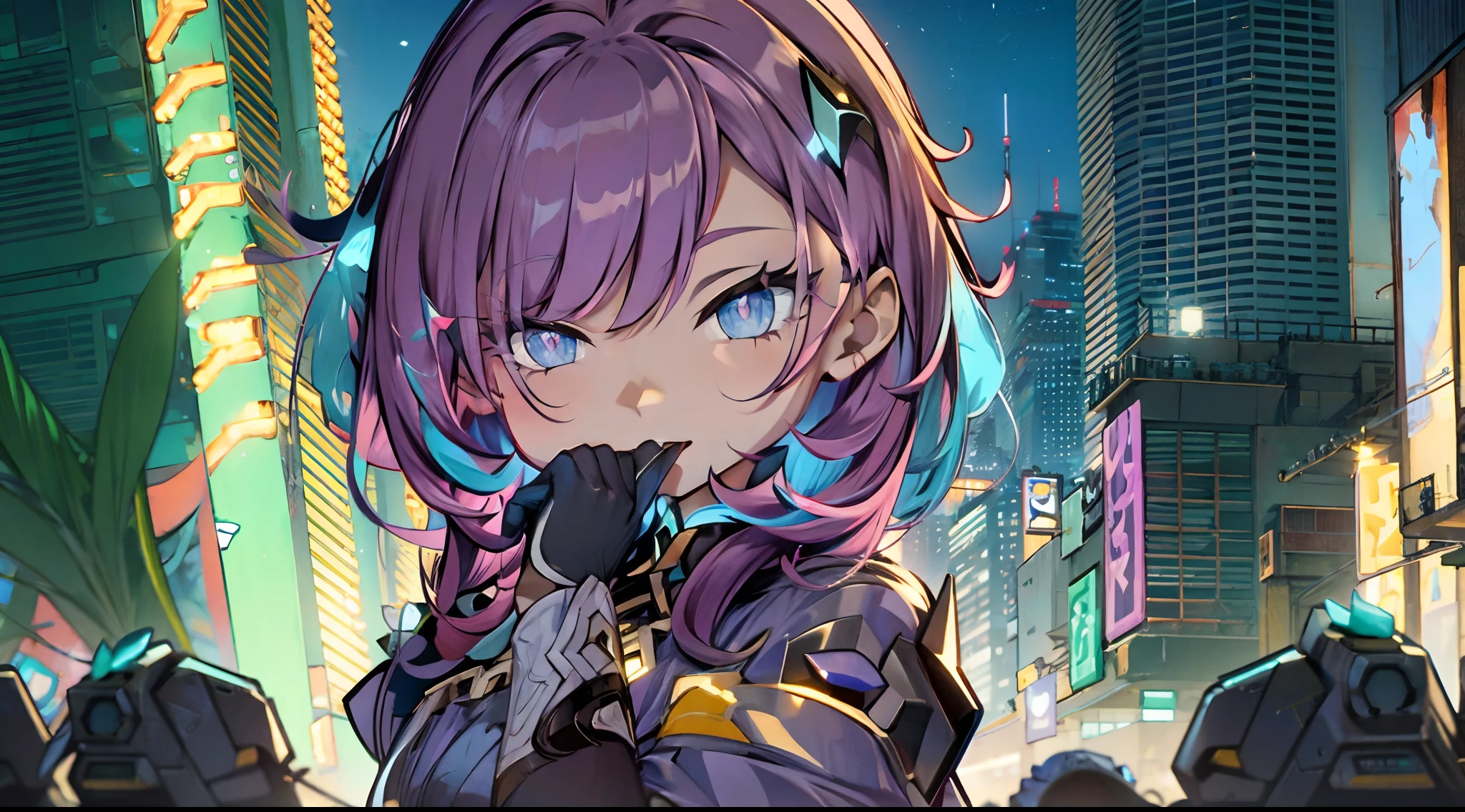 Noite, Fundo colorido da cidade cyberpunk, ****** de rua, elysia,honkai impact, olhos azuis, olhos brilhantes, Meias pretas, retroiluminado, brilhar, Surveying the audience, Low angle lens, olhando para cima lente, perfect composition, delicadeza perfeita de luz e sombra, 8k