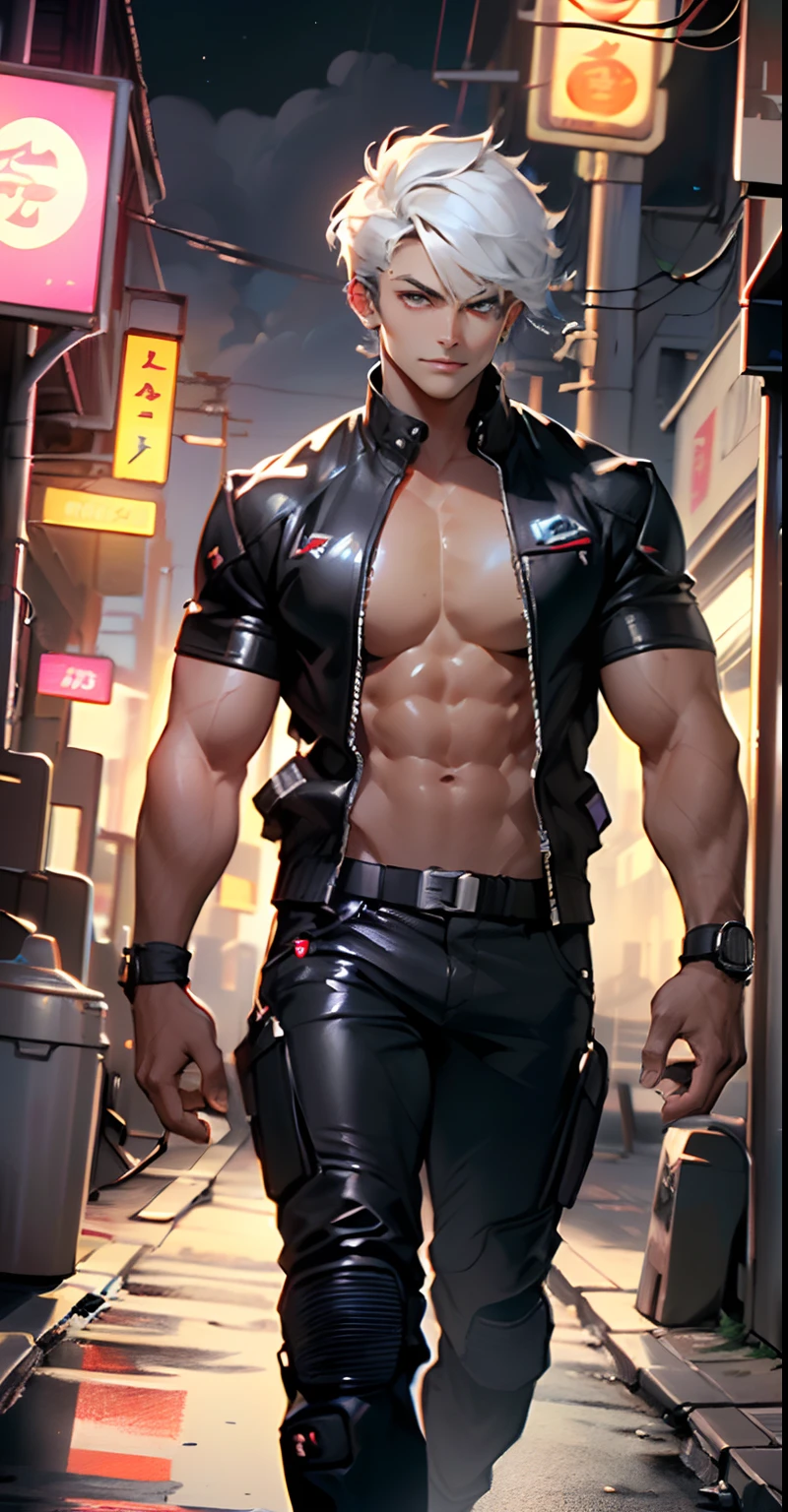 muscular man,(((1man))),((anime man muscular walking down the street)),
(((1male,man,handsome man,male,male gender,male focus))),
((short white hair)),(((lustrous skin:1.5,tanned skin,bright skin: 1.5,skin tanned,shiny skin,very shiny skin,shiny body))),((detailed eyes,perfect eyes,rainbow glows ultra-detailed orange brown eyes:1.1,gradient eyes:1,finely detailed beautiful eyes:1,symmetrical eyes:1,big highlight on eyes:1.2,exaggerated muscles,exaggerated shoulders,very muscular and huge)),man chest,handsome face,((((muscular,hairy body,muscular man,tall,big biceps,abs,big thighs,broad shoulders,open chest)))),((hand consists of a short thumb and four fingers,a hand with only five fingers,(detailed face))),(((square jaw))),
alluring look,nsfw,
(((bare chest,shirtless))),motorcyclist pants,((bulge in pants)),((motorcyclist outfit)),(wearing a motorcyclist outfit:1.3,motorcyclist clothes),(detailed outfit,detailed clothes),
(dynamic pose:1.0),solo focus,((evil smile,evil look)),centered,scale to fit dimensions,Rule of thirds,
outdoors,((night view)),(cyberpunk night street Background: 1.5,dark sky,alleyway,lonely alley,thick clouds,detailed background:1.25),
(best quality),(high resolution),(sharp focus),(ultra detailed),(extremely detailed),(extremely high quality artwork),8k_wallpaper,(extremely detailed CG 8k),(very fine 8K CG),((hyper super ultra detailed perfect piece)),flawless,(((masterpiece))),illustration,vibrant colors,(intricate),High contrast,Selective lighting,Double exposure,HDR (High Dynamic Range),Post-processing,Background blur,