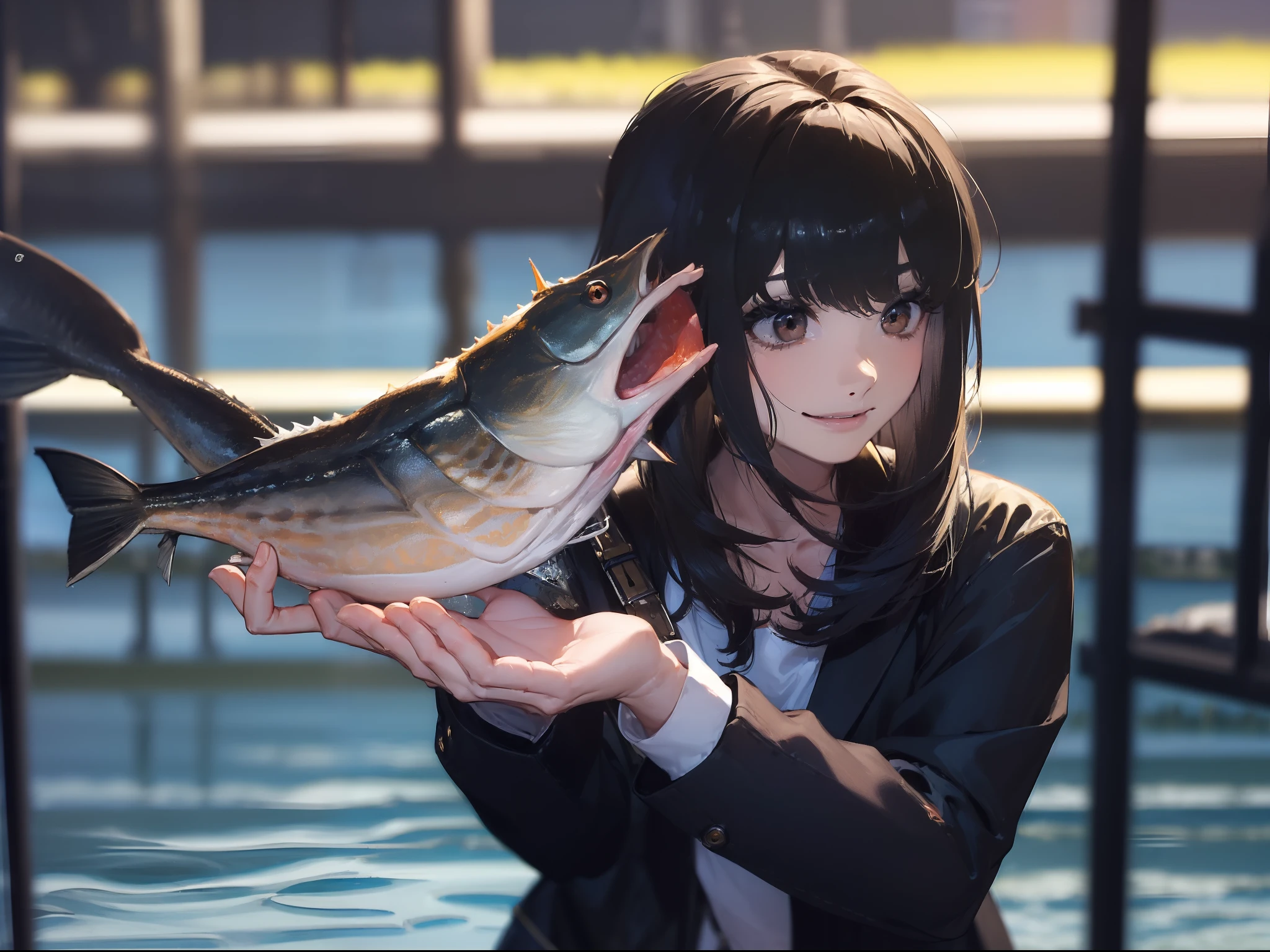 ((((Catch a big black bass by the lake:1.5)))),((1 female 22 years old))((Best Quality, masutepiece :1.5)),(((Hands with the correct number and structure of fingers:1.5))),hight resolution,ultra-detailliert,​masterpiece,best qualtiy,,Black hair, long eyeslashes, Solid Circle Eyes, Smiling Woman, drop shadow, Atmospheric perspective,Super Detail, ccurate, small brest,(Black jacket :1.1),top-quality, blurry backround, bokeh dof:1.2, (​masterpiece:1.3),  Atmospheric perspective,Super Detail,dynamic compositions