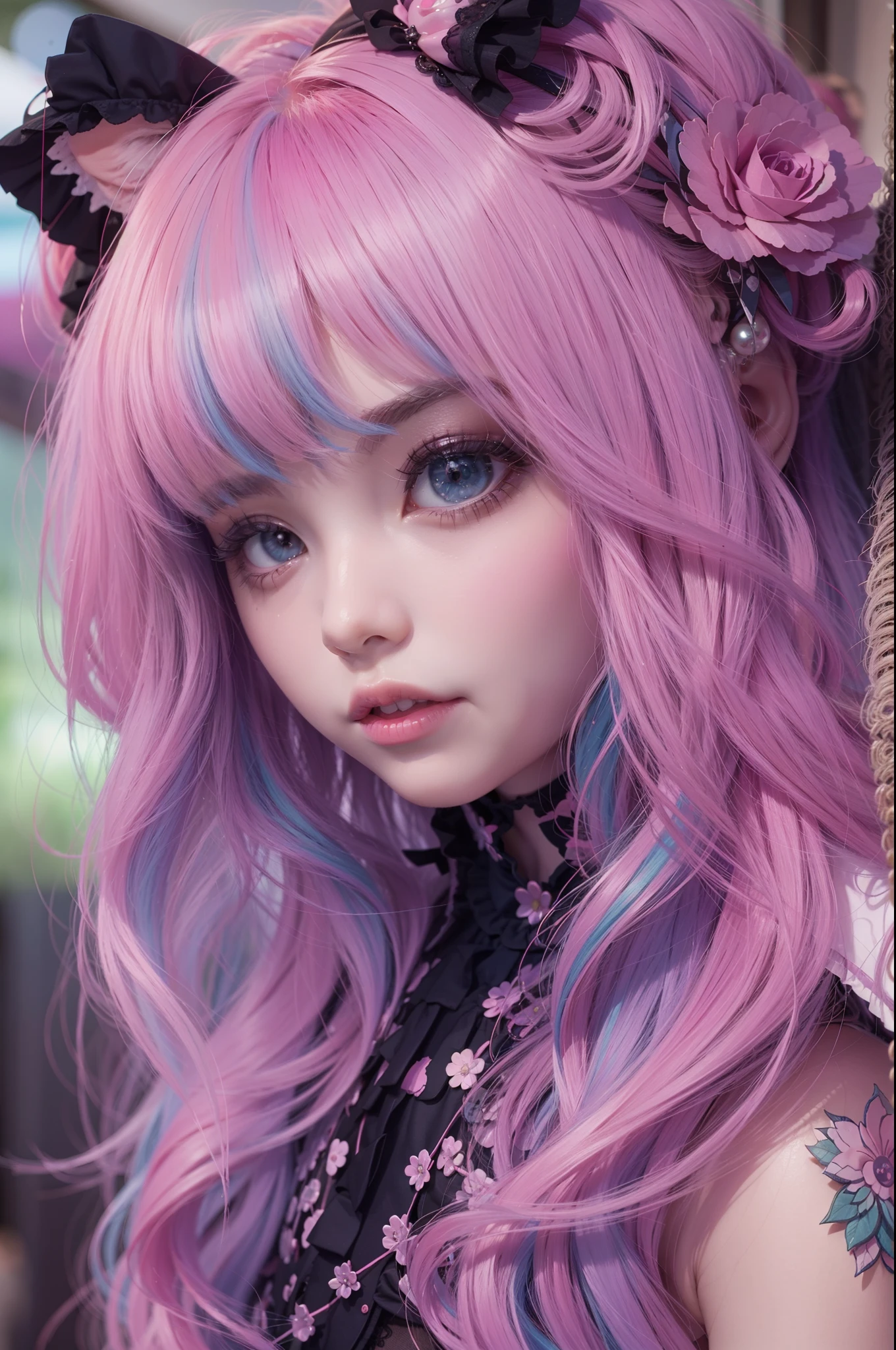 En un hermoso parque una mujer de aspecto moderno. It has a very colorful and striking kawaii gothic style.., con un maquillaje elegante y una peluca colorida.