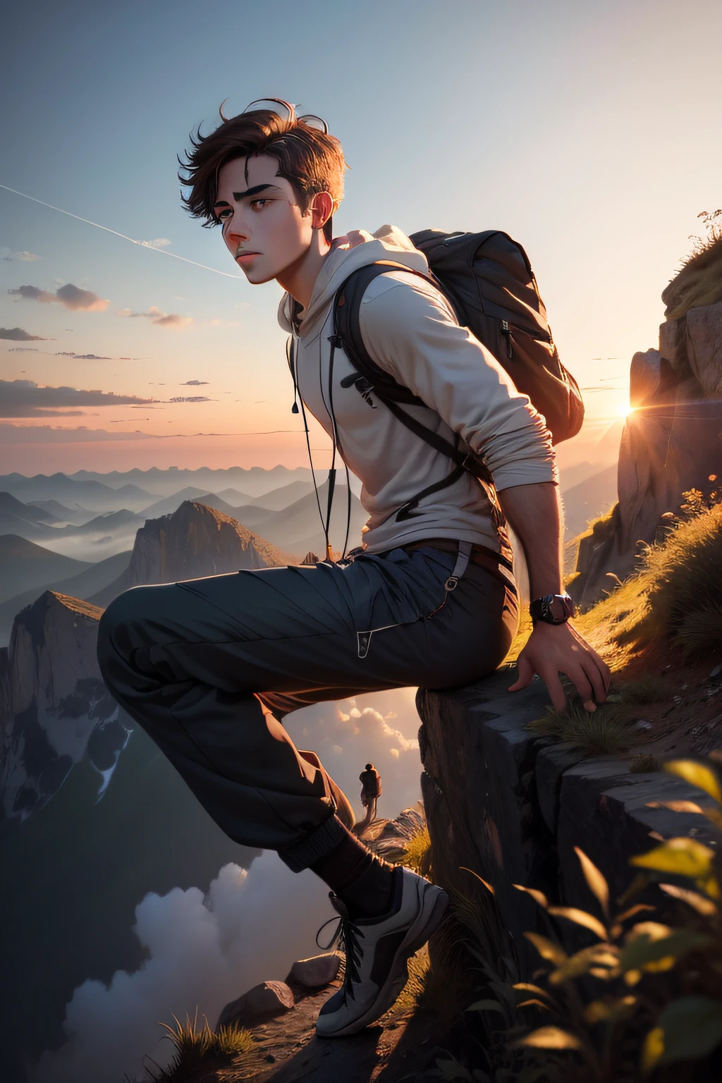 Young man with eyes full of curiosity and determination, Climbing the steep mountain at dawn
