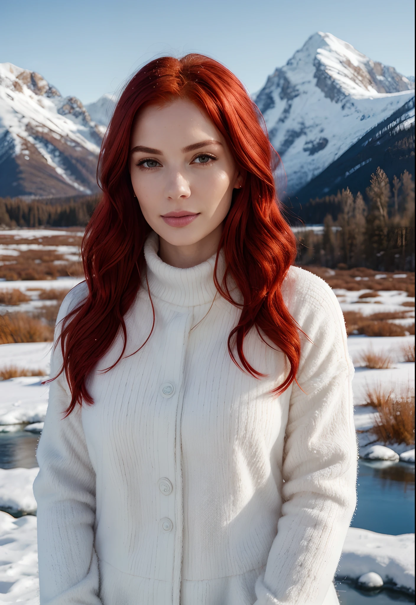 1 woman, ((intense and detailed skin)), ((vibrant red hair)), stunning portrait, best quality, high quality, realistic, masterpiece, majestic snowy mountains, snow-covered peaks, crisp white landscape, winter wonderland, frozen beauty, icy surroundings, serene atmosphere, natural lighting, clear blue sky, atmospheric perspective, detailed clothing, warm attire, cozy outfit, elegant presence, confident expression, tranquil scene, captivating beauty, breathtaking view, vibrant colors, artistically rendered, cinematic style, meticulous attention to detail.