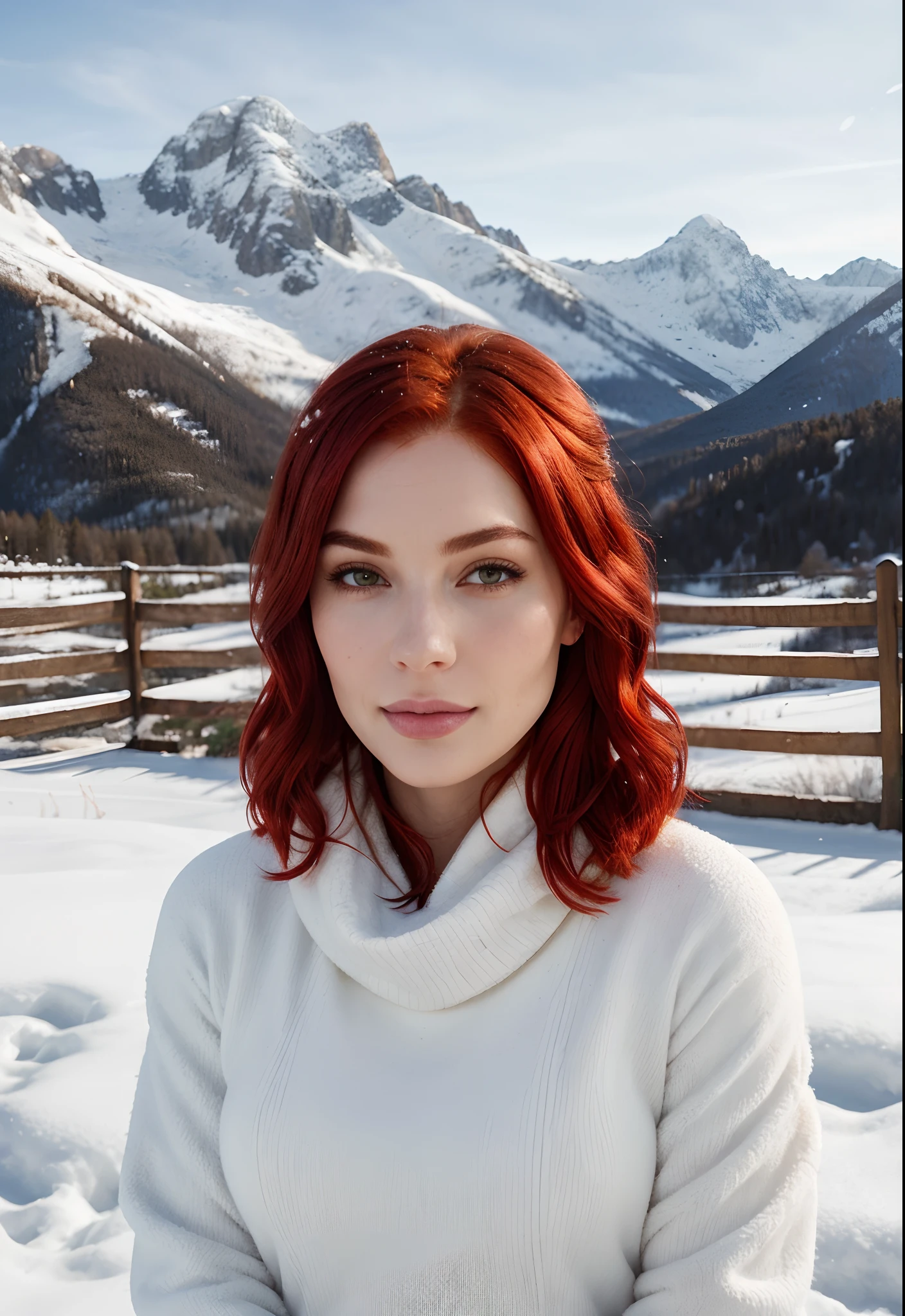 1 woman, ((intense and detailed skin)), ((vibrant red hair)), stunning portrait, best quality, high quality, realistic, masterpiece, majestic snowy mountains, snow-covered peaks, crisp white landscape, winter wonderland, frozen beauty, icy surroundings, serene atmosphere, natural lighting, clear blue sky, atmospheric perspective, detailed clothing, warm attire, cozy outfit, elegant presence, confident expression, tranquil scene, captivating beauty, breathtaking view, vibrant colors, artistically rendered, cinematic style, meticulous attention to detail.