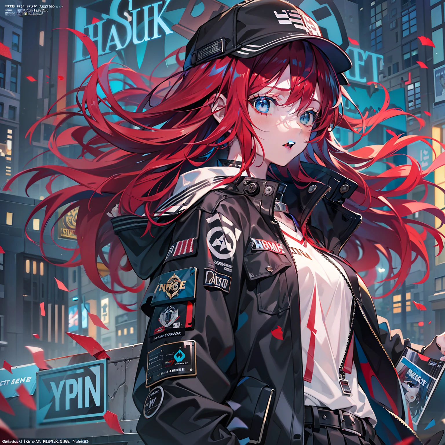 girls, Tomboyish, blue color eyes, black fashion jacket, Magazine cover art font。, Red hair, hair over shoulders, Messy hair, Cinematic lighting, hyper HD, retinas, Masterpiece, Anatomically correct, Textured skin, Textured skin, High details, Award-Awarded, Best quality, 1080p, HD
