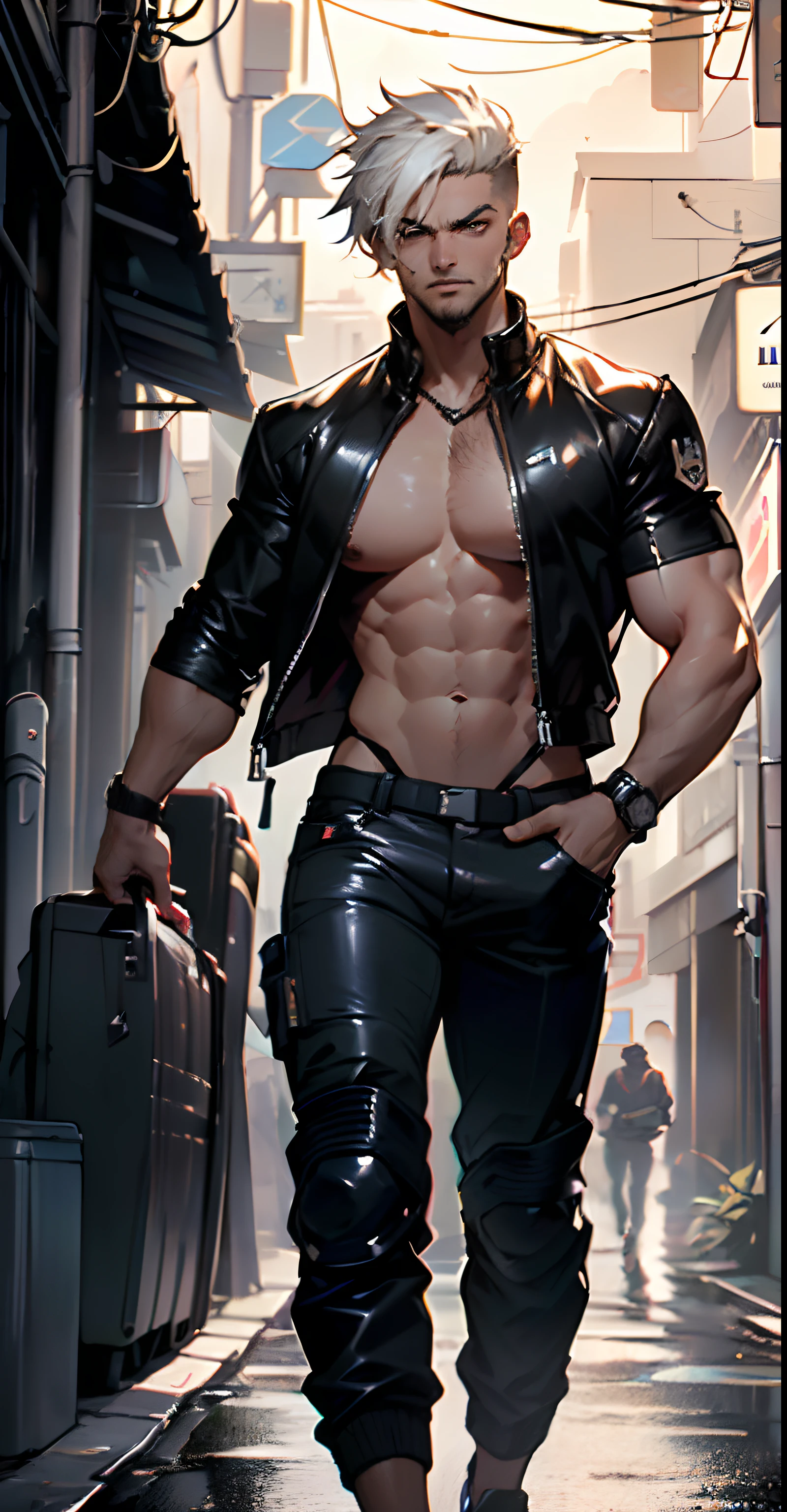 muscular man,(((1man))),((anime man muscular walking down the street)),

(((1male,man,handsome man,male,male gender,male focus))),

((short white hair)),(((lustrous skin:1.5,tanned skin,bright skin: 1.5,skin tanned,shiny skin,very shiny skin,shiny body))),((detailed eyes,perfect eyes,rainbow glows ultra-detailed orange brown eyes:1.1,gradient eyes:1,finely detailed beautiful eyes:1,symmetrical eyes:1,big highlight on eyes:1.2,exaggerated muscles,exaggerated shoulders,very muscular and huge)),man chest,handsome face,((((muscular,hairy body,muscular man,tall,big biceps,abs,big thighs,broad shoulders,open chest)))),((hand consists of a short thumb and four fingers,a hand with only five fingers,(detailed face))),(((square jaw))),

alluring look,nsfw,

(((bare chest,shirtless))),motorcyclist pants,((bulge in pants)),((motorcyclist outfit)),(wearing a motorcyclist outfit:1.3,motorcyclist clothes),(detailed outfit,detailed clothes),

(dynamic pose:1.0),solo focus,((evil smile,evil look)),centered,scale to fit dimensions,Rule of thirds,

outdoors,((night view)),(cyberpunk night street Background: 1.5,dark sky,alleyway,lonely alley,thick clouds,detailed background:1.25),

(best quality),(high resolution),(sharp focus),(ultra detailed),(extremely detailed),(extremely high quality artwork),8k_wallpaper,(extremely detailed CG 8k),(very fine 8K CG),((hyper super ultra detailed perfect piece)),flawless,(((masterpiece))),illustration,vibrant colors,(intricate),High contrast,Selective lighting,Double exposure,HDR (High Dynamic Range),Post-processing,Background blur,