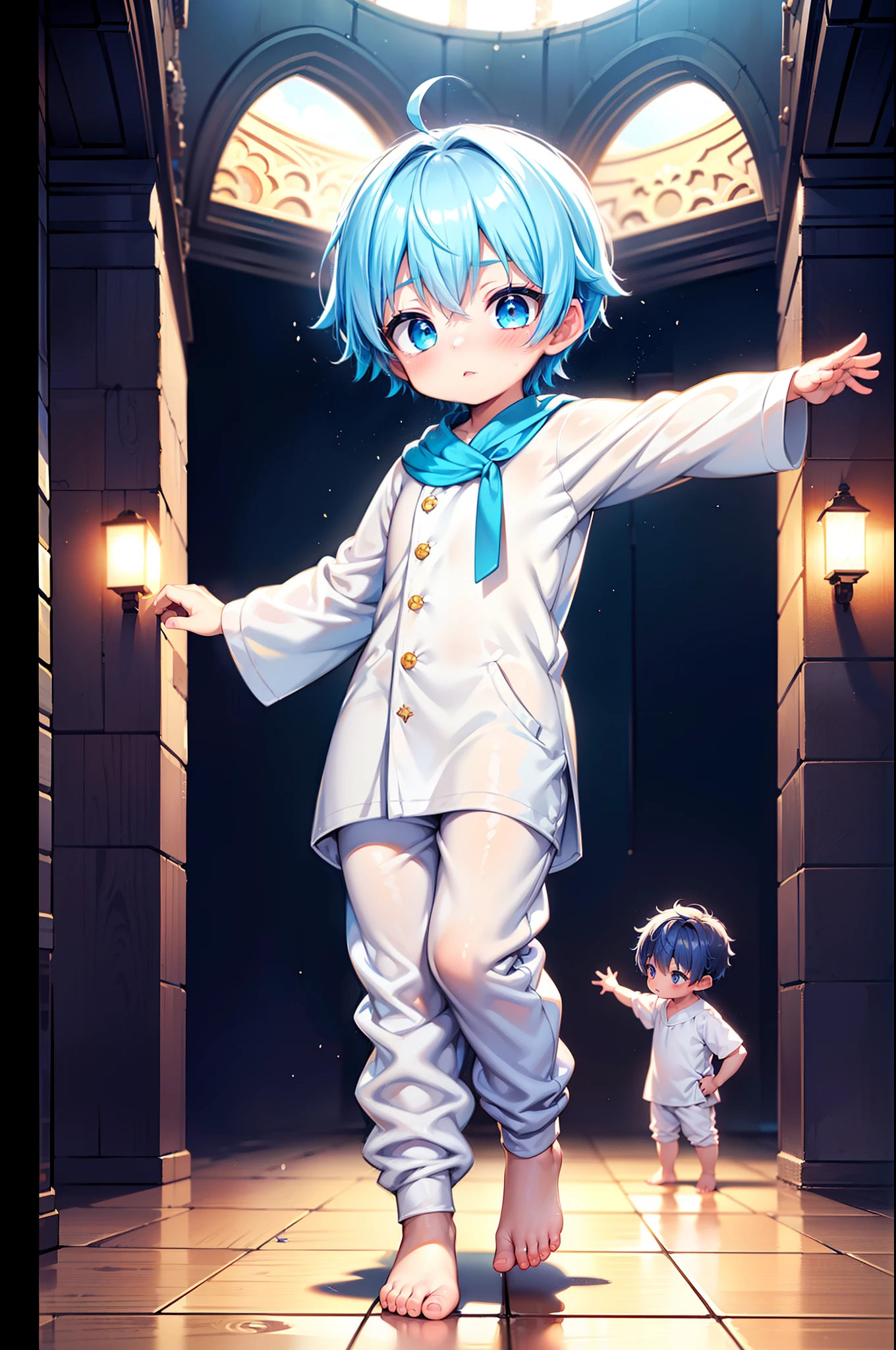 4k, (Masterpiece:1), Little boy with blue colored hair and shiny, glowing cyan eyes and barefoot, standing on field, epic, cinematic, young, boy, child, small, toddler, tiny feet, focus on feet, feet, blushing, (Young:1.4), (Child:1.4), (Shota:1.4), (male:1.4), (boy:1.4), (divine clothes:1.4), (epic:1.4), (posing:1.4), (cinematic:1.4),