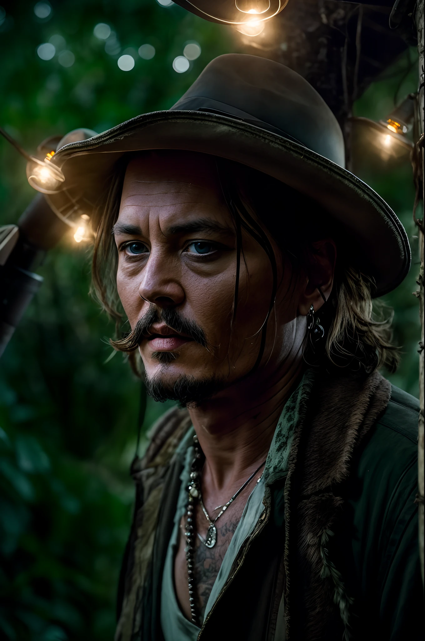 masterpiece, johnny depp walking through the jungle at night (night among fireflies), (high detail:1 1), rough face, natural skin, high quality, nsfw, beautiful eyes, (detailed face and eyes), (face: 1 2), noise, real photo, lamp film photography, sharp focus, contrast lighting, detailed skin, high resolution 8k, crazy detail, realistic, professional photography, 8k UHD, SLR camera, soft lighting, high quality, film grain, Fujifilm XT3, 50mm,