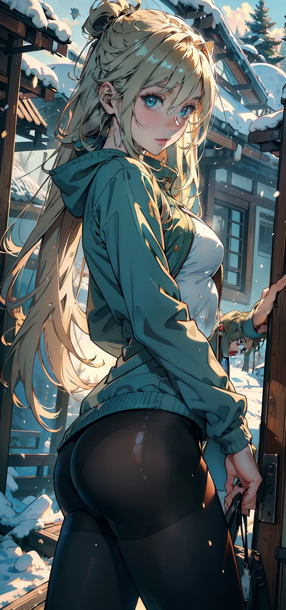 1female,,bit girl,super adorable,smallunderboob,Pornographic exposure, 独奏,(Background with:hilltop,coniferous forest,at winter season,Snow on the ground,exteriors) Feel free to hairstyle,Stride,Sweat profusely,drenched all over the body,seen from the front,Long blonde hair , mostly cloudy sky,(((tmasterpiece),(Very detailed CG unity 8K wallpaper),best qualtiy,cinmatic lighting,detailed back ground,beatiful detailed eyes,Bright pupils,(Very fine and beautiful),(Beautiful and detailed eye description),ultra - detailed,tmasterpiece,)),face to the viewer,frontage,A high resolution,ultra - detailed)nakeness,Wipe off panties,revealing breasts,Bare genitalia, Bulge,Camel toes,Raised sexy,Lewd expression,Flushed complexion,Open-mouthed,frontage,(Wearing:green colored bomber jacket,Black pantyhose)