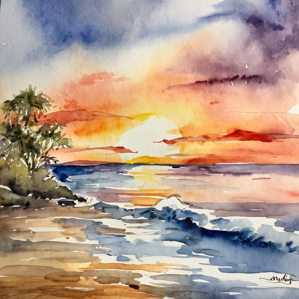 A watercolor masterpiece depicting the ocean sunset, where the sky and water fuse in a harmonious dance of warm and cool tones.
Descriptive keywords: Harmonious sunset, Sky-water fusion, Watercolor fusion, Evening serenity, Artistic interpretation.
Camera type: Watercolor board.
Time of the day: Sunset ambiance.
Style of artwork: Artistic and harmonious.
By artist: SunsetHarmony -ar 16:9
