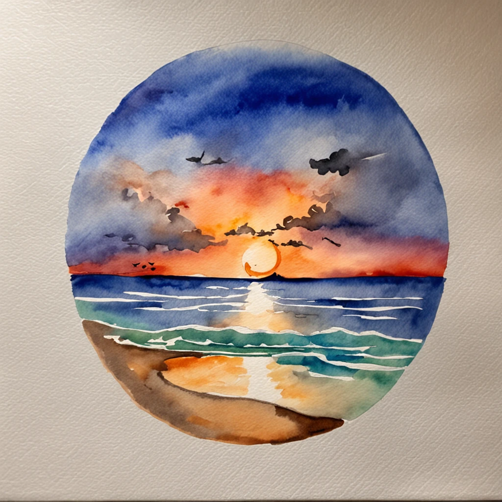 A watercolor masterpiece depicting the ocean sunset, where the sky and water fuse in a harmonious dance of warm and cool tones.
Descriptive keywords: Harmonious sunset, Sky-water fusion, Watercolor fusion, Evening serenity, Artistic interpretation.
Camera type: Watercolor board.
Time of the day: Sunset ambiance.
Style of artwork: Artistic and harmonious.
By artist: SunsetHarmony -ar 16:9