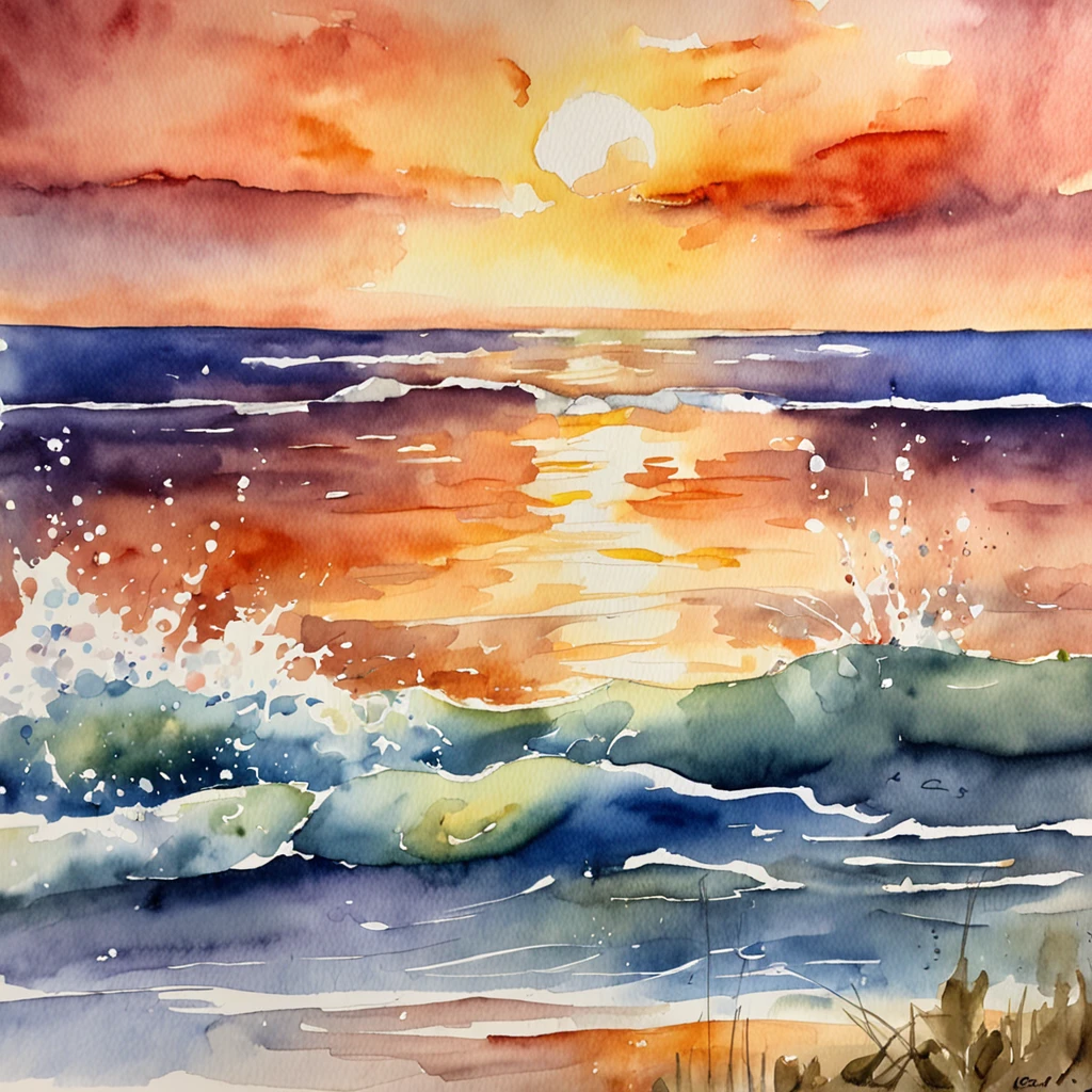 A watercolor masterpiece depicting the ocean sunset, where the sky and water fuse in a harmonious dance of warm and cool tones.
Descriptive keywords: Harmonious sunset, Sky-water fusion, Watercolor fusion, Evening serenity, Artistic interpretation.
Camera type: Watercolor board.
Time of the day: Sunset ambiance.
Style of artwork: Artistic and harmonious.
By artist: SunsetHarmony -ar 16:9