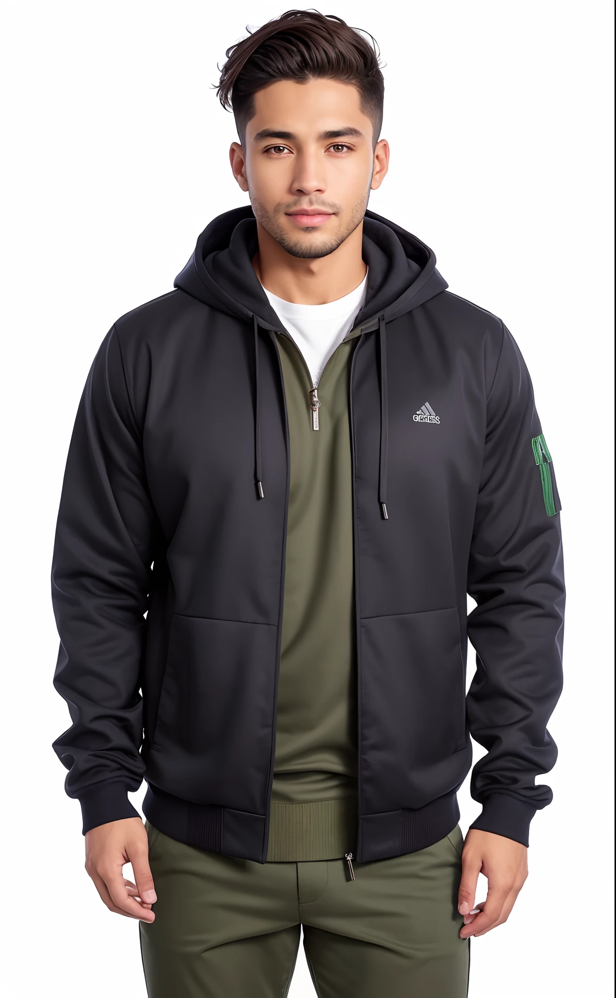 A man in a black jacket and green pants standing, encapuzado, vestindo um moletom cinza com capuz, F / 2 0, Hoody, capuz, grafite, marrom, sweater, h 768, h 7 6 8, cinza escuro, usando capuz, foto retrato, Usado, Foto do produto, Pitt, h 7 0 4, item, F/2, F / 2