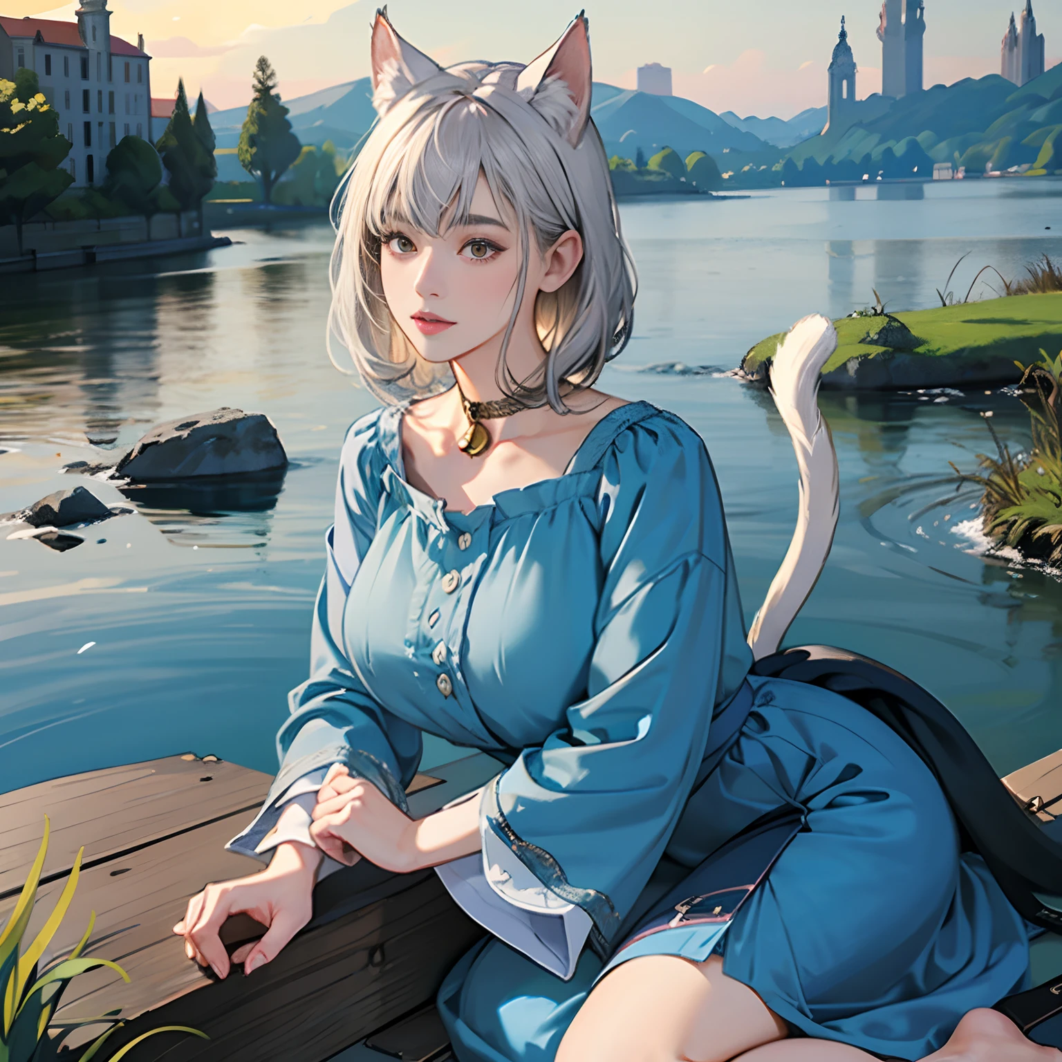 Women in Their 20s, offcial art, unity 8k wall paper, ultra-detailliert, beautifly、Aesthetic, ​masterpiece, top-quality, Photorealsitic、Cat-eared clan、Cat's ears、very thick tail:1.5、very thick and long tail、dark brown eyes、Silver-white hair、shorth hair、Short-cut hairstyles、Collar with bell:2.0、Blue Short Dress、depth of fields, Fantastic atmosphere, Calm palette, tranquil mood, Soft shading、cobblestone road、Stone signpost、Rivers and bridges、Beautiful Landscapes、bbw、very large breast、plump figure