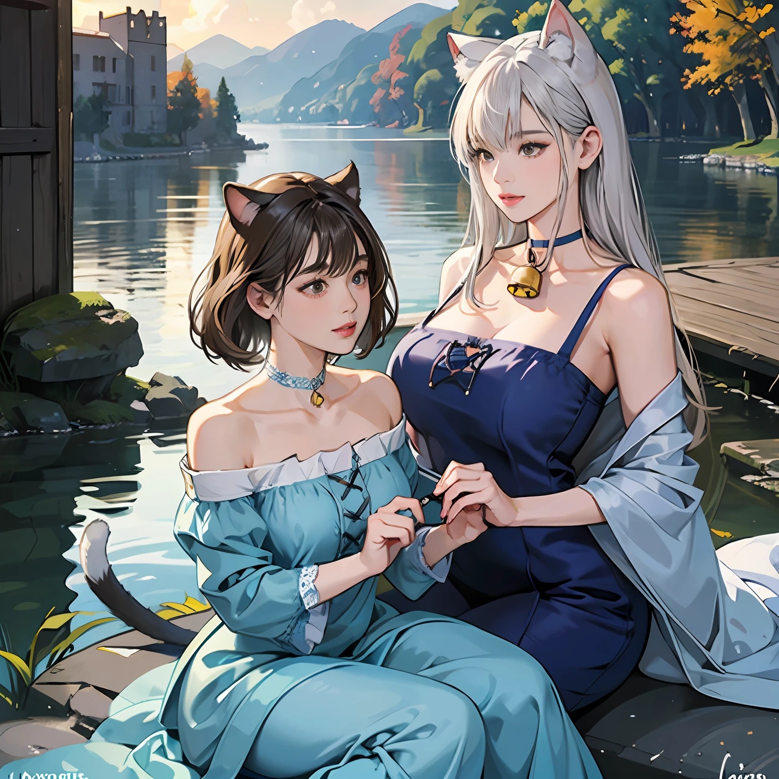 Women in Their 20s, offcial art, unity 8k wall paper, ultra-detailliert, beautifly、Aesthetic, ​masterpiece, top-quality, Photorealsitic、Cat-eared clan、Cat's ears、very thick tail:1.5、very thick and long tail、dark brown eyes、Silver-white hair、shorth hair、Short-cut hairstyles、Collar with bell:2.0、Blue Short Dress、depth of fields, Fantastic atmosphere, Calm palette, tranquil mood, Soft shading、cobblestone road、Stone signpost、Rivers and bridges、Beautiful Landscapes、bbw、very large breast、plump figure