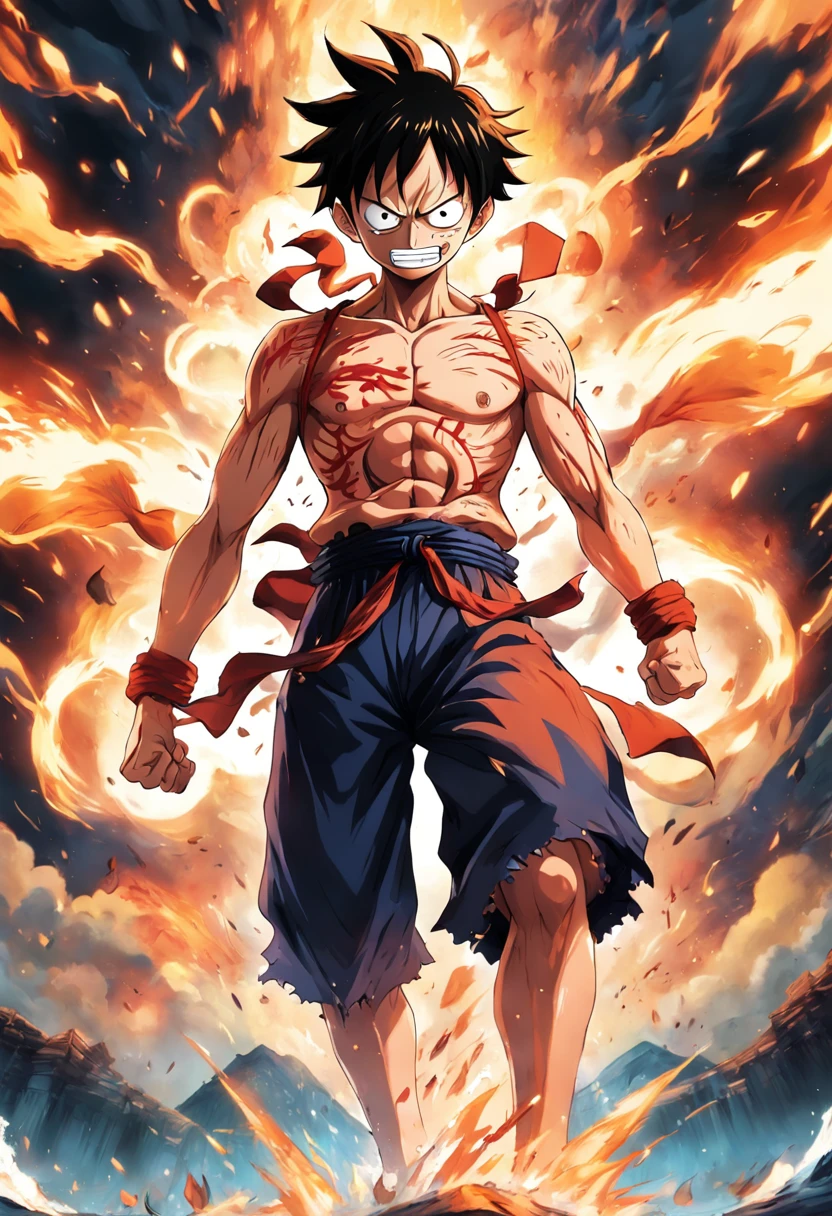 Design a gripping poster featuring Luffy from "One Piece" in a fit of rage. Capture the essence of his burning determination and unyielding spirit as he unleashes his wrath upon his enemies. Keep it short, bold, and intense to convey the raw power of Luffy's anger.