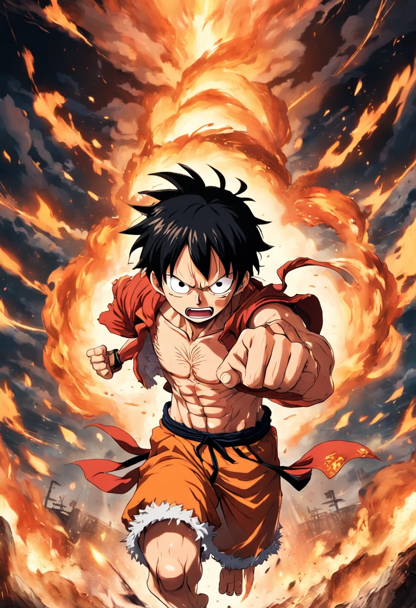 Design a gripping poster featuring Luffy from "One Piece" in a fit of rage. Capture the essence of his burning determination and unyielding spirit as he unleashes his wrath upon his enemies. Keep it short, bold, and intense to convey the raw power of Luffy's anger.