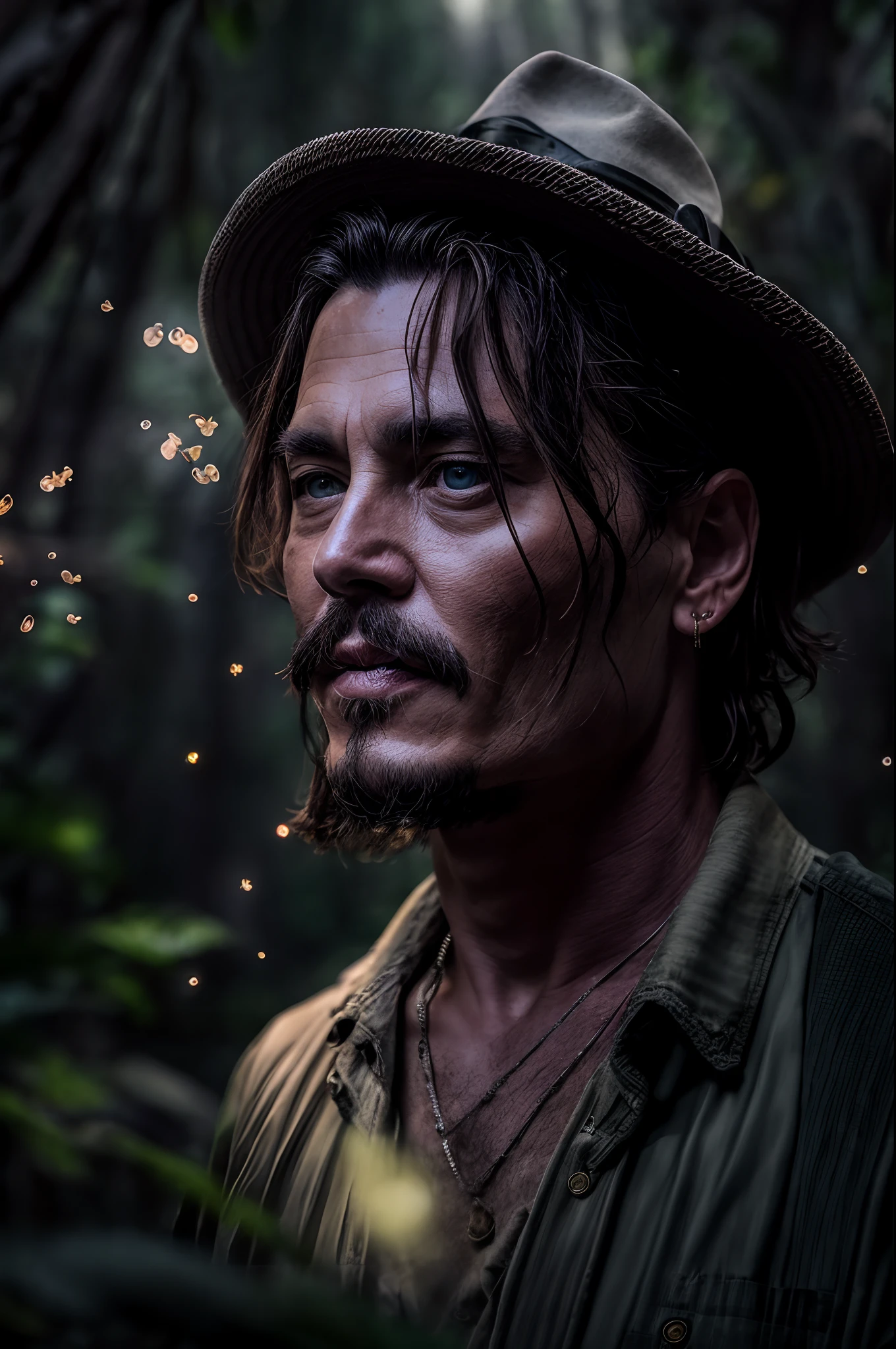 masterpiece, johnny depp walking through the jungle at night (night among fireflies), (high detail:1 1), rough face, natural skin, high quality, nsfw, beautiful eyes, (detailed face and eyes), (face: 1 2), noise, real photo, lamp film photography, sharp focus, contrast lighting, detailed skin, high resolution 8k, crazy detail, realistic, professional photography, 8k UHD, SLR camera, soft lighting, high quality, film grain, Fujifilm XT3, 50mm,