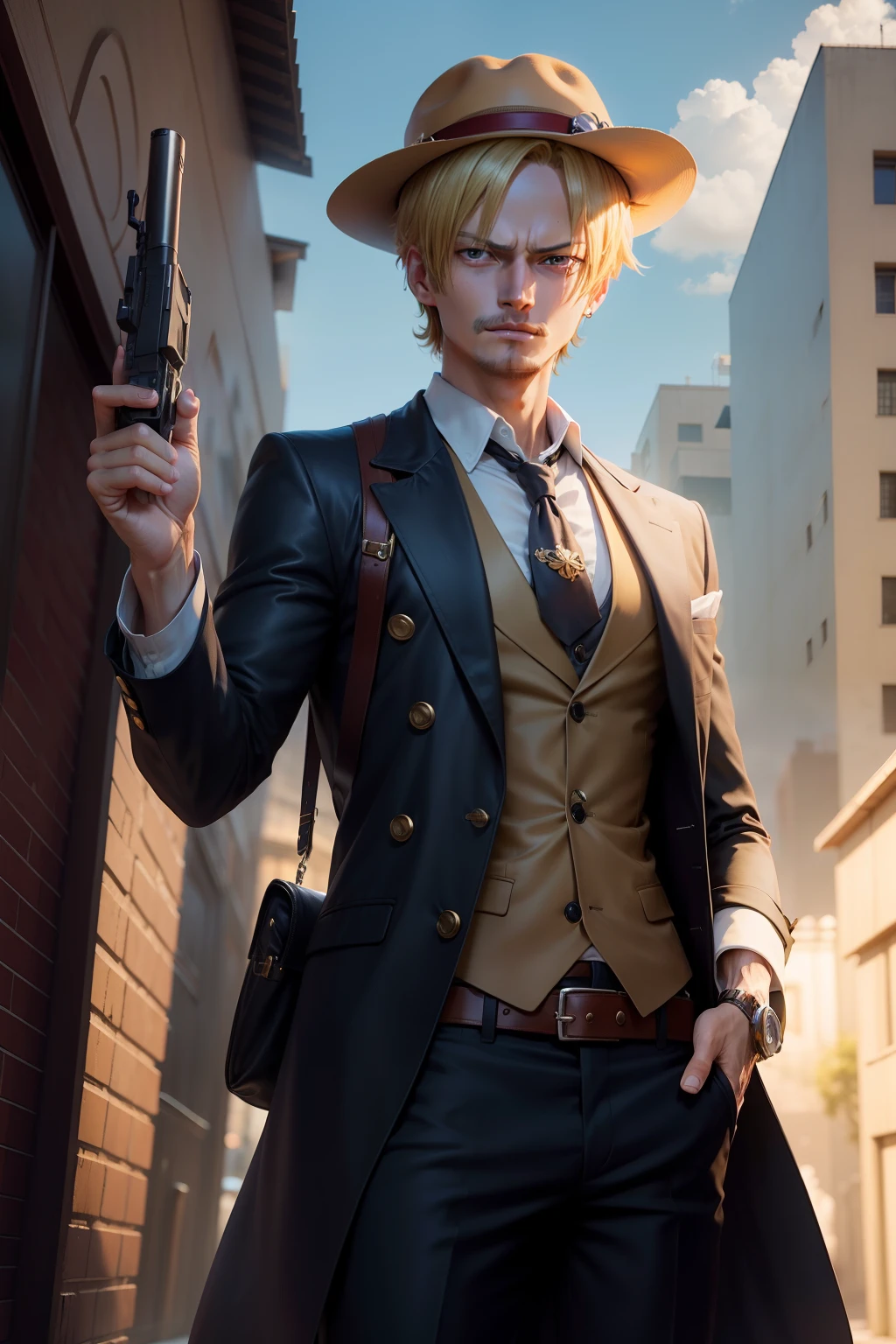 Create the image of Sanji from the one piece with detective clothes, a fedora hat and a 9mm gun in hand