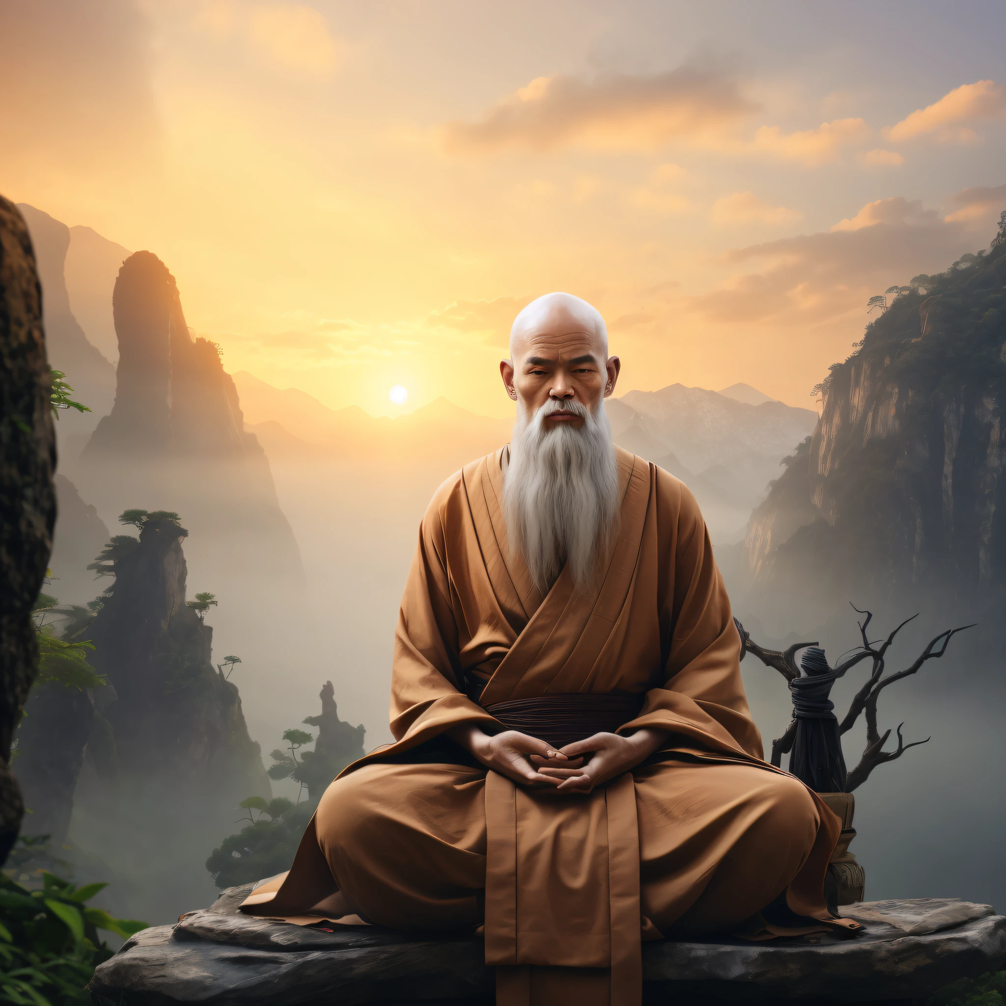 Image of a Chinese monk sitting on a rock with a man with a white beard, Monk's Meditation, Zen Meditation, taoist master, Chinese monk, Taoism, taoist, Taoism, flutuando em um poderoso estado zen, 2 1 st century monk, Zen Aesthetics, monge, Chinese monk, arte conceitual de um monge,Facing the camera squarely,wise eyes